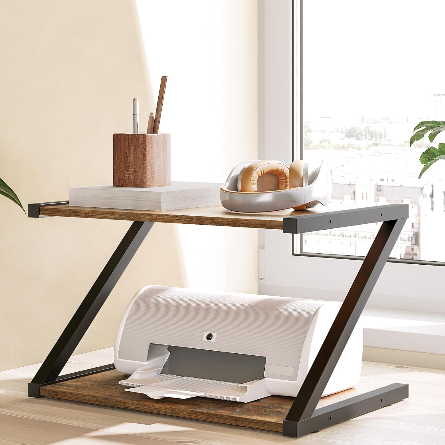 YATINEY Desktop Printer Stand, 2-Tier Printer Table with Storage Shelf, Under Desk Printer Stand for Office, Open Organizer Shelf, Easy Assembly, Rustic Brown PS02BR