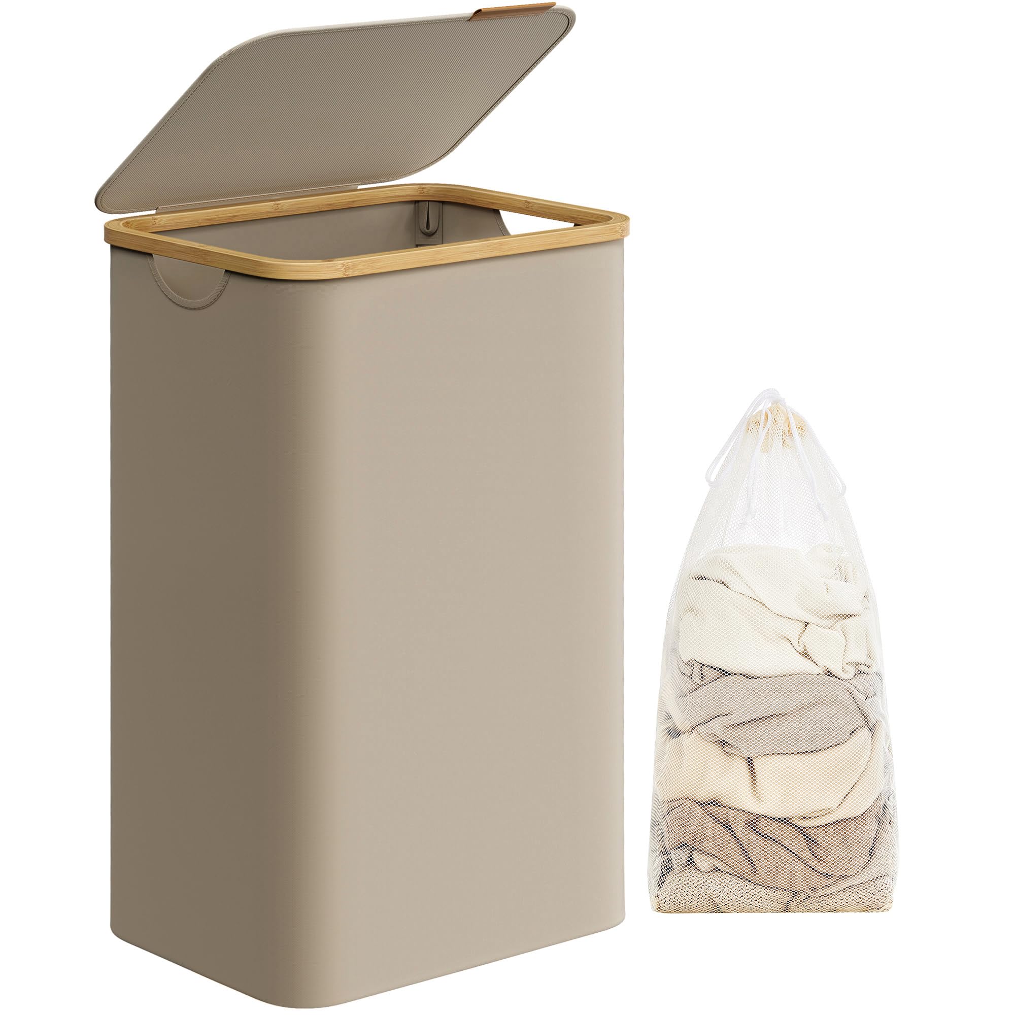SONGMICS Laundry Hamper with Lid, Large Laundry Basket, 23.8 Gallons (90L), Removable Mesh Liner, Bamboo Handles, Collapsible, 16.5 x 12.6 x 27.8 Inches, Camel Brown ULCB509N01