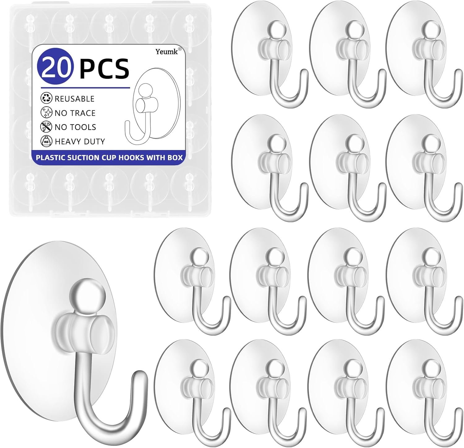 20Pack Suction Cup Hooks 1.2Inch Clear PVC Suction Cups Hooks, Removable and Reusable Utility Hooks for Glass Windows, Mirrors, Doors, Tiles, Shower, Kitchen, Bathroom
