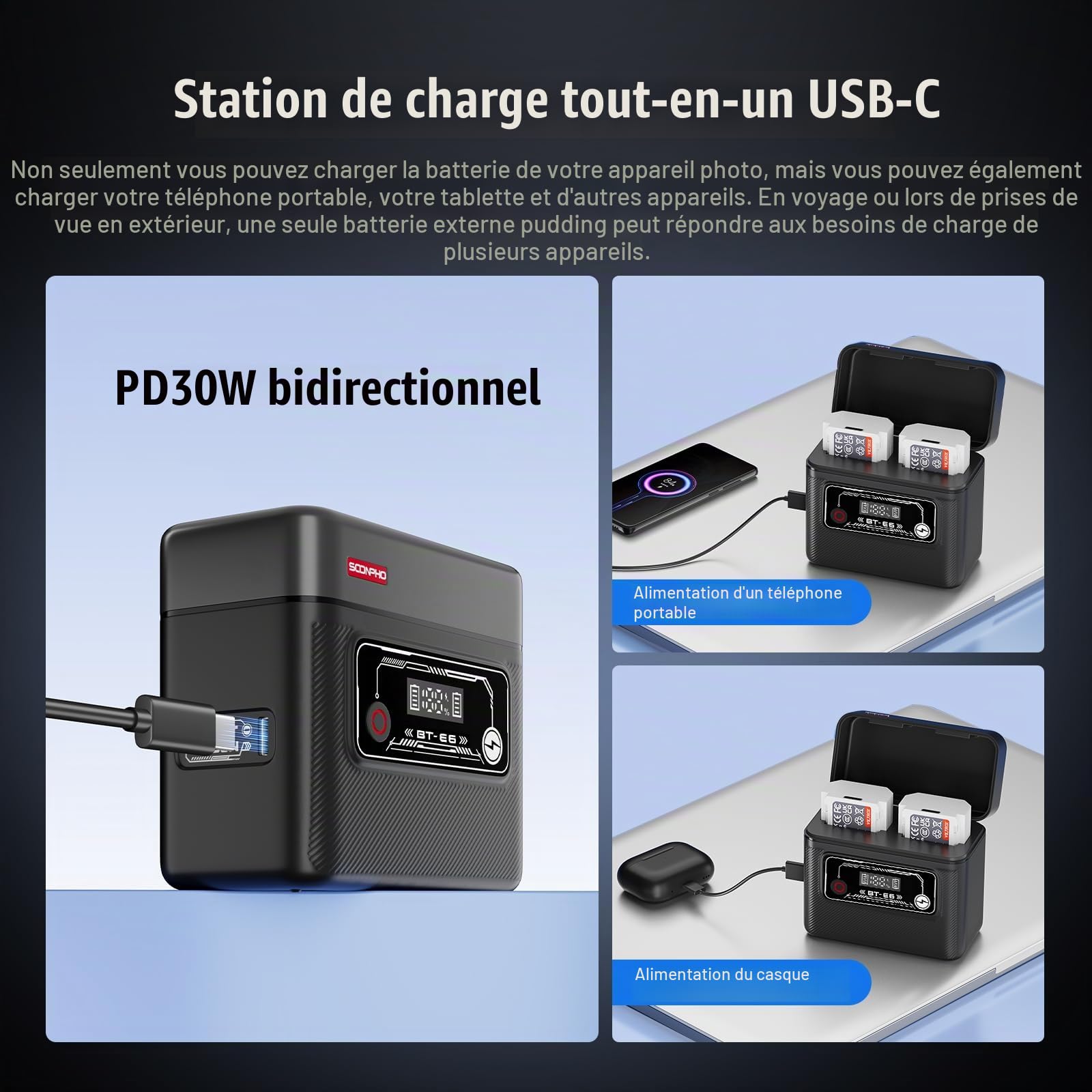 Soonpho BT-E6 Mobile Boîtier de Chargement de Batterie pour Canon LP-E6 Camera Battery Charging Case pour Canon 5D Markll 5DS 5DSR 6DMarkll 6D 7DMarkll 7D EOS60D 60DA 70D 80D 90D EOS-R EOS R5 R6