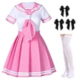 Classic Japanese Anime School Girls Pink Sailor Dress Shirts Uniform Cosplay Costumes with Socks Hairpin Set