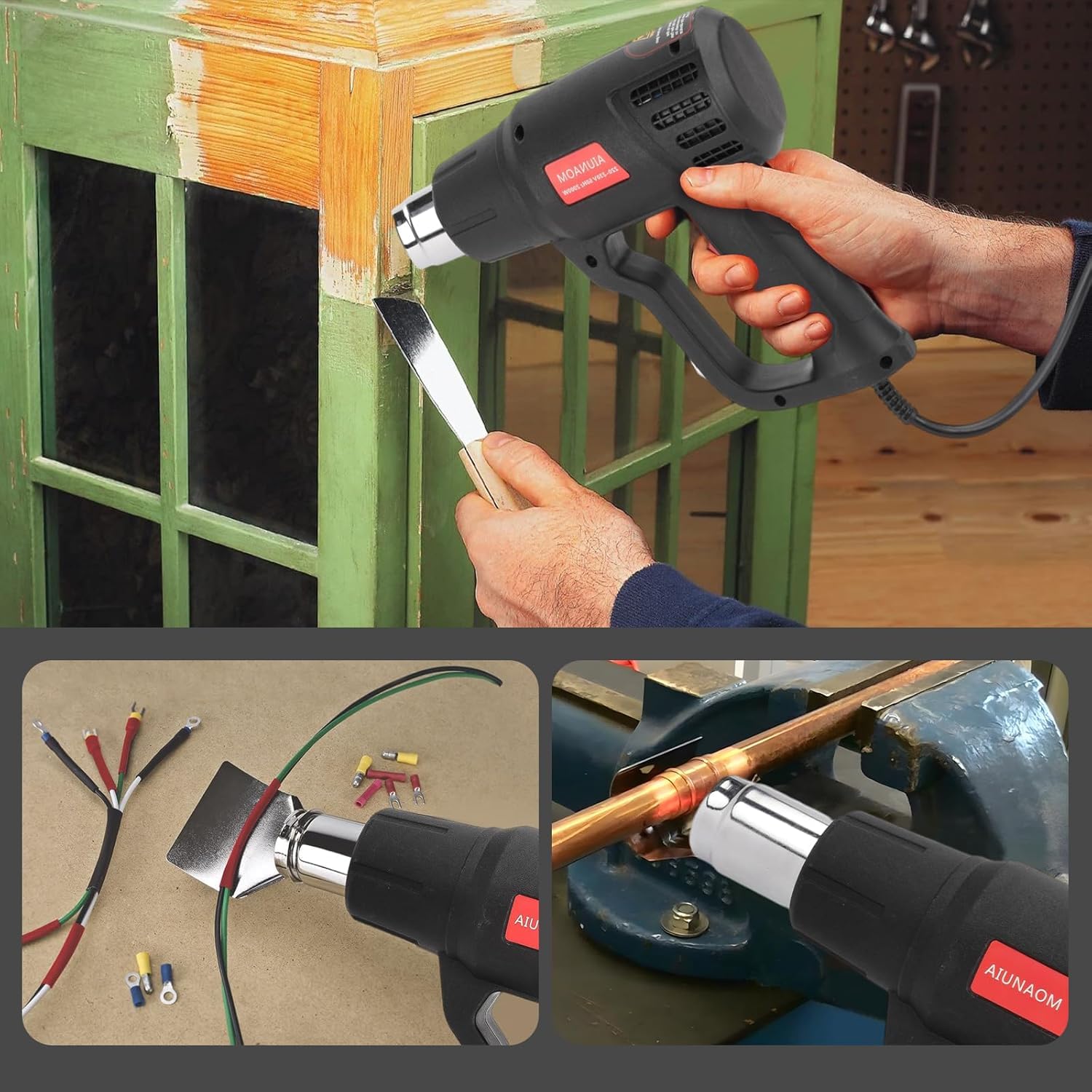 AIUNAOM Pistola ad Aria Calda 2000W Pistola Termica 50℃~650℃ Controllo di Temperatura Senza Livelli + 2 Velocità dell'aria Protezione da Sovraccarico Per Riscaldamento Saldatura e Sbrinamento