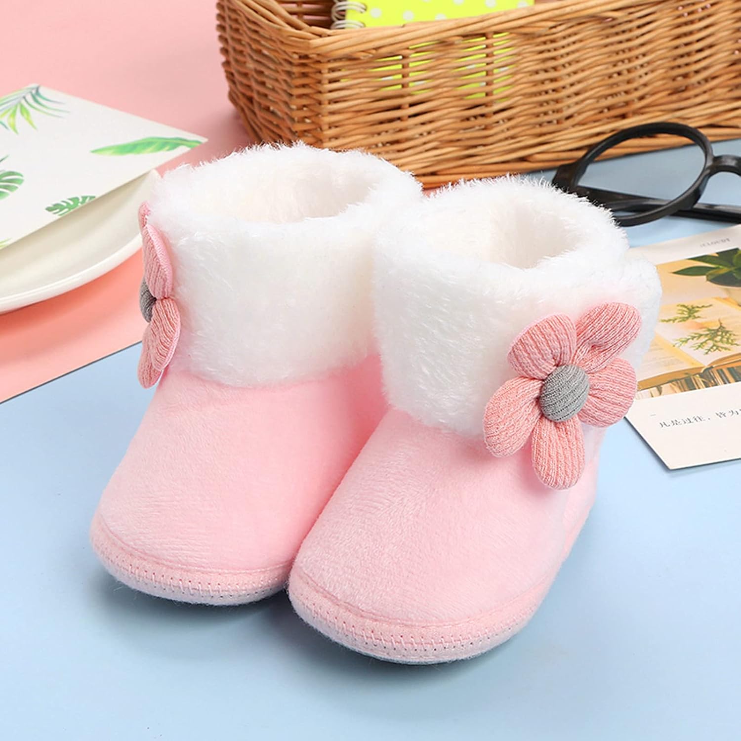 Baby Booties Cozy Fleece Flat Slippers Soft Infant Shoes Newborn Stay On Slipper Winter Warm Gri𝐩per Non-Slip 𝗖rib Shoes