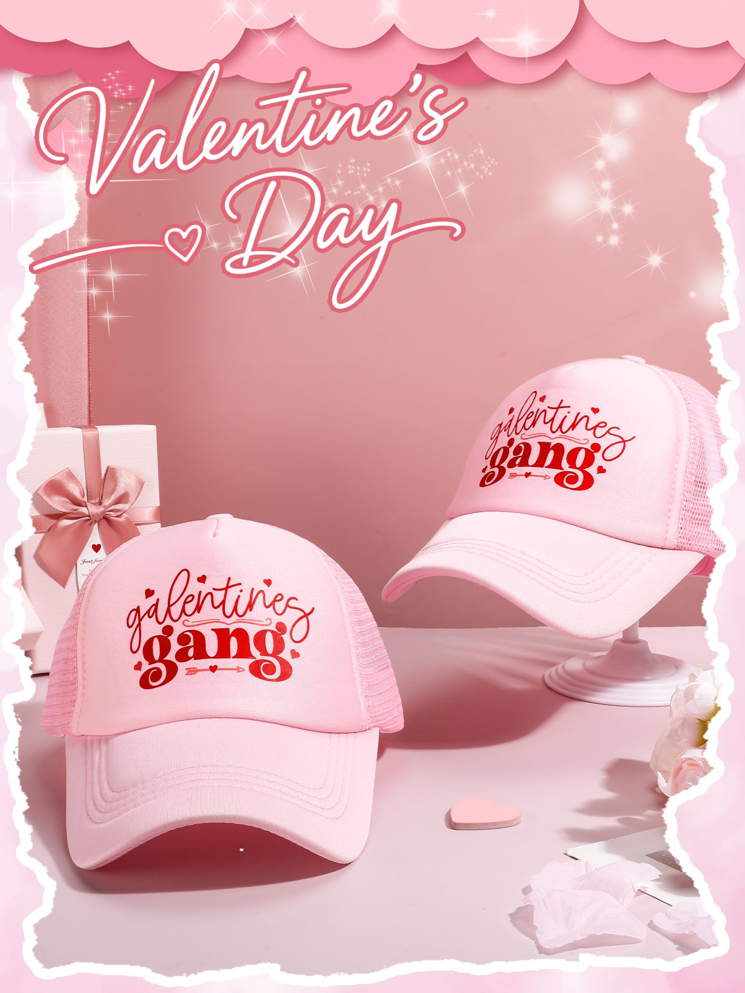 Suhine 8 Pack Galentine Gang Hat Bulk Galentines Day Party Supplies Valentine Gift Cap for Women Friends Pink Sleepover Party Supplies