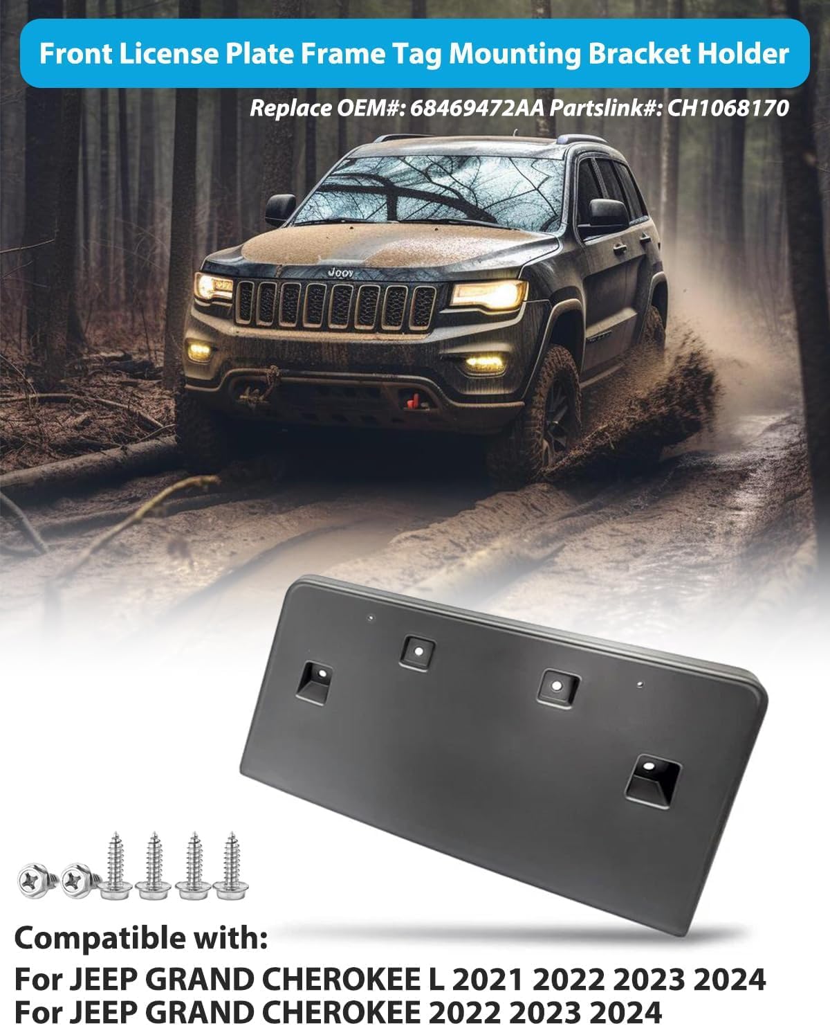 Front License Plate Frame for Jeep Grand Cherokee 2022 2023 2024 for Jeep Grand Cherokee L 2021-2023 Front Bumper License Plate Holder Mounting Bracket Replace # 68469472AA CH1068170
