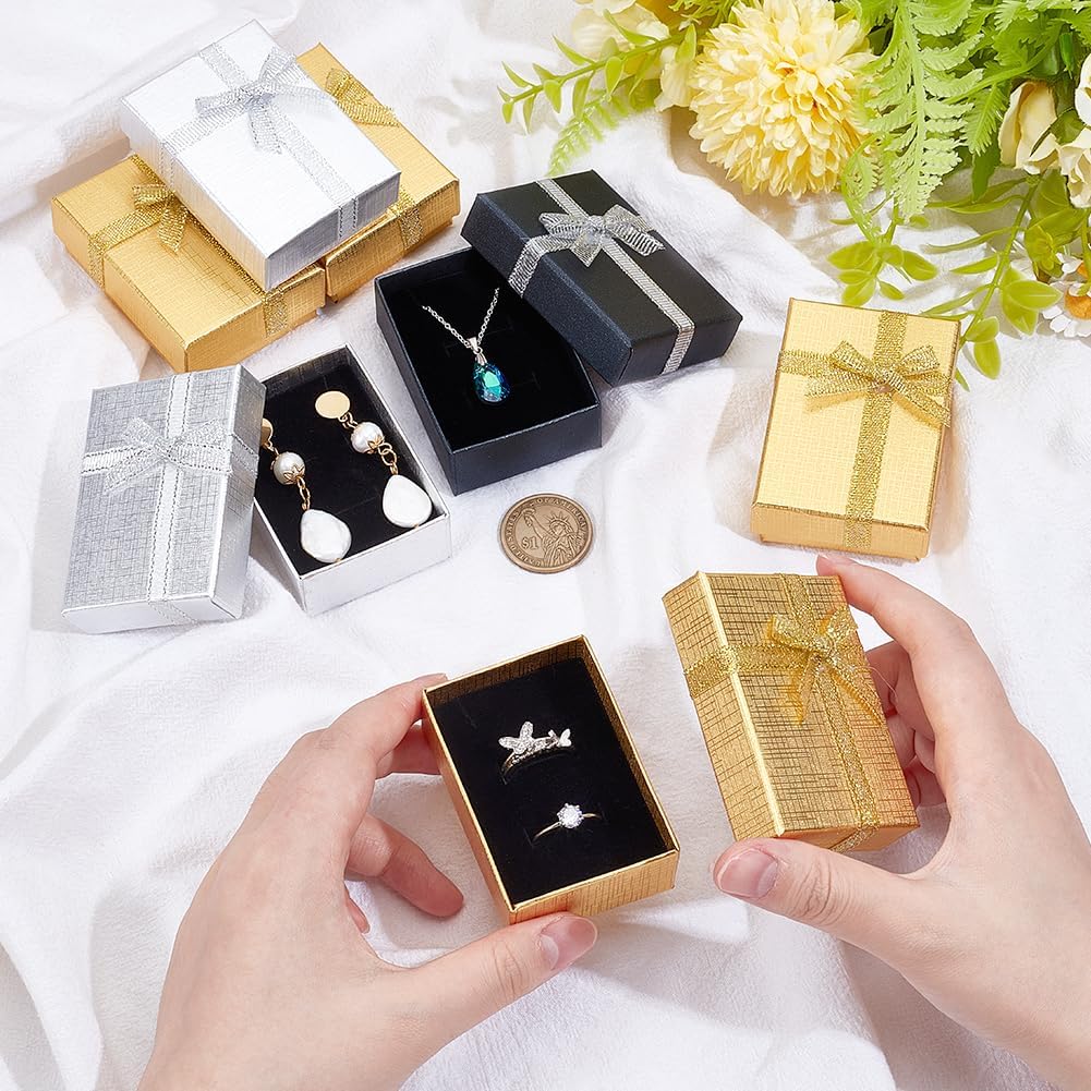 PH PandaHall 12pcs Jewelry Box, 2x2.7x1 Inch Small Gift Boxes Metallic Paper Earring Box with Bowknot Small Box for Valentine's Day Gifts Jewelry Earring Necklace Bracelet Silver Bar Ring Keychain