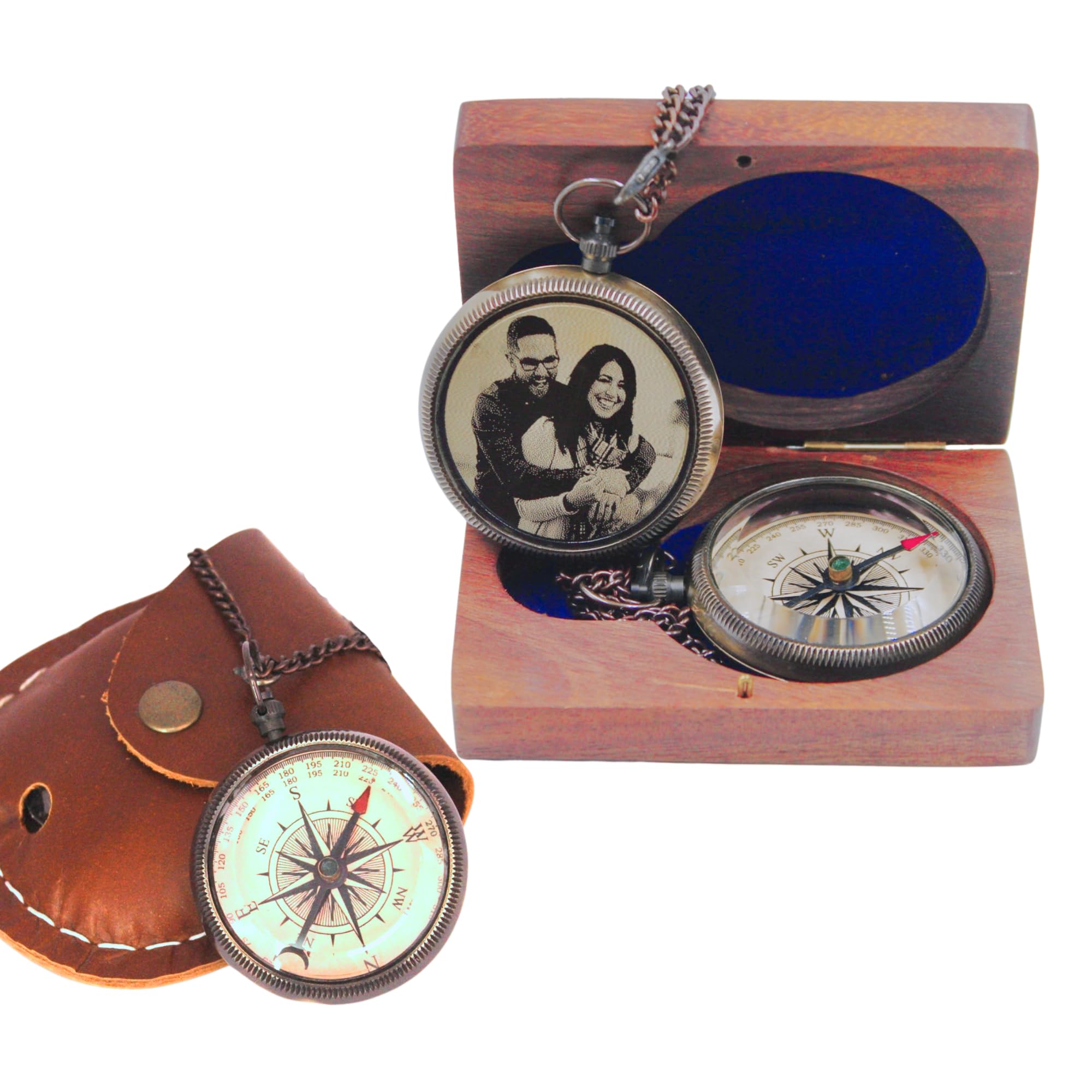 Boussole en laiton personnalisée - Cadeau personnalisé pour homme avec étui en cuir personnalisable et boîte en bois - Cadeau personnalisé pour anniversaire, mariage, anniversaire, retraite
