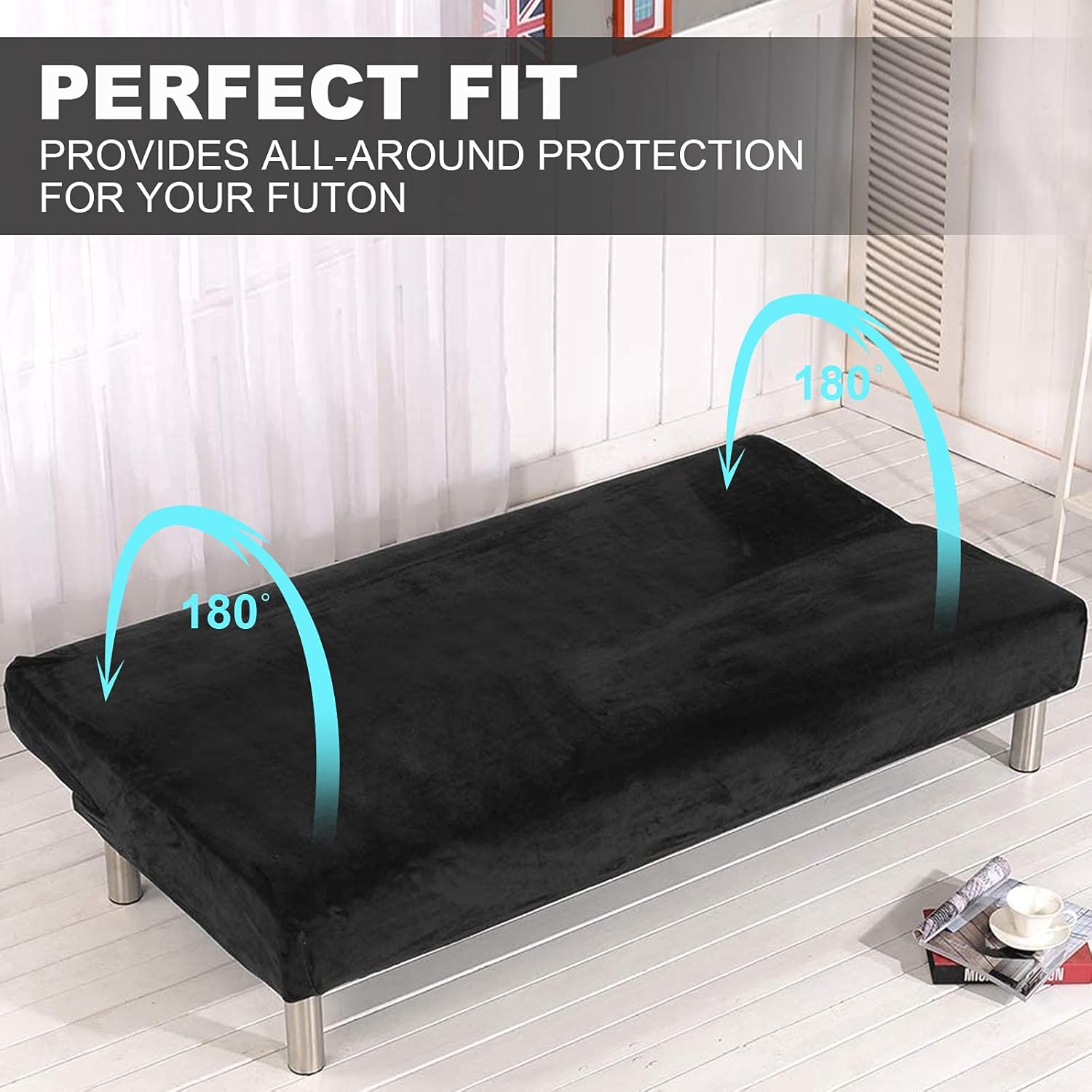 ele ELEOPTION Futon Cover Armless Sofa Slipcover Stretch Velvet Sofa Bed Cover Protector Elastic Spandex Modern Simple Folding Couch Futon Cover (Black+Thicker Plush)