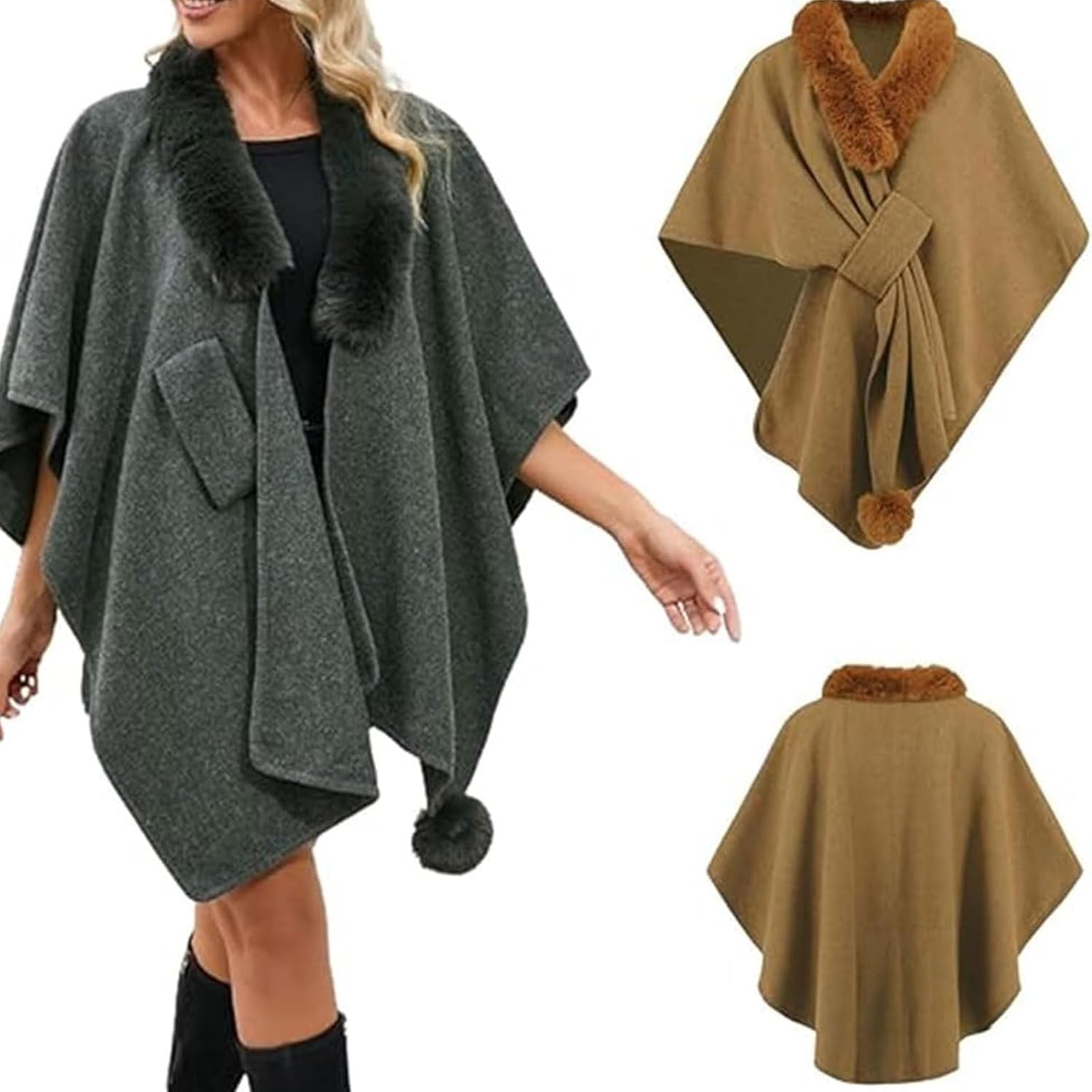 Womens Batwing Sleeve Fur Collar Cloak Shawl Scarf, Faux Fur