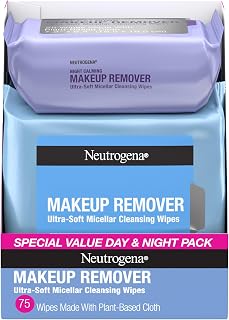 Neutrogena Makeup Remover Wipes Day & Night Facial Cleansing Towelettes, 100% Plant-Based, 3 Packs of 25 – Remove Dirt, Oil & Waterproof Mascara