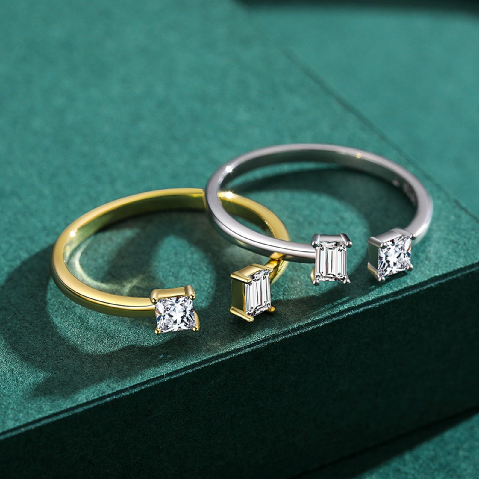 Anillo ajustable de oro para mujer, oro amarillo pulido de 9 quilates, 14 quilates, 18 quilates, con moissanita rectangular y cuadrada