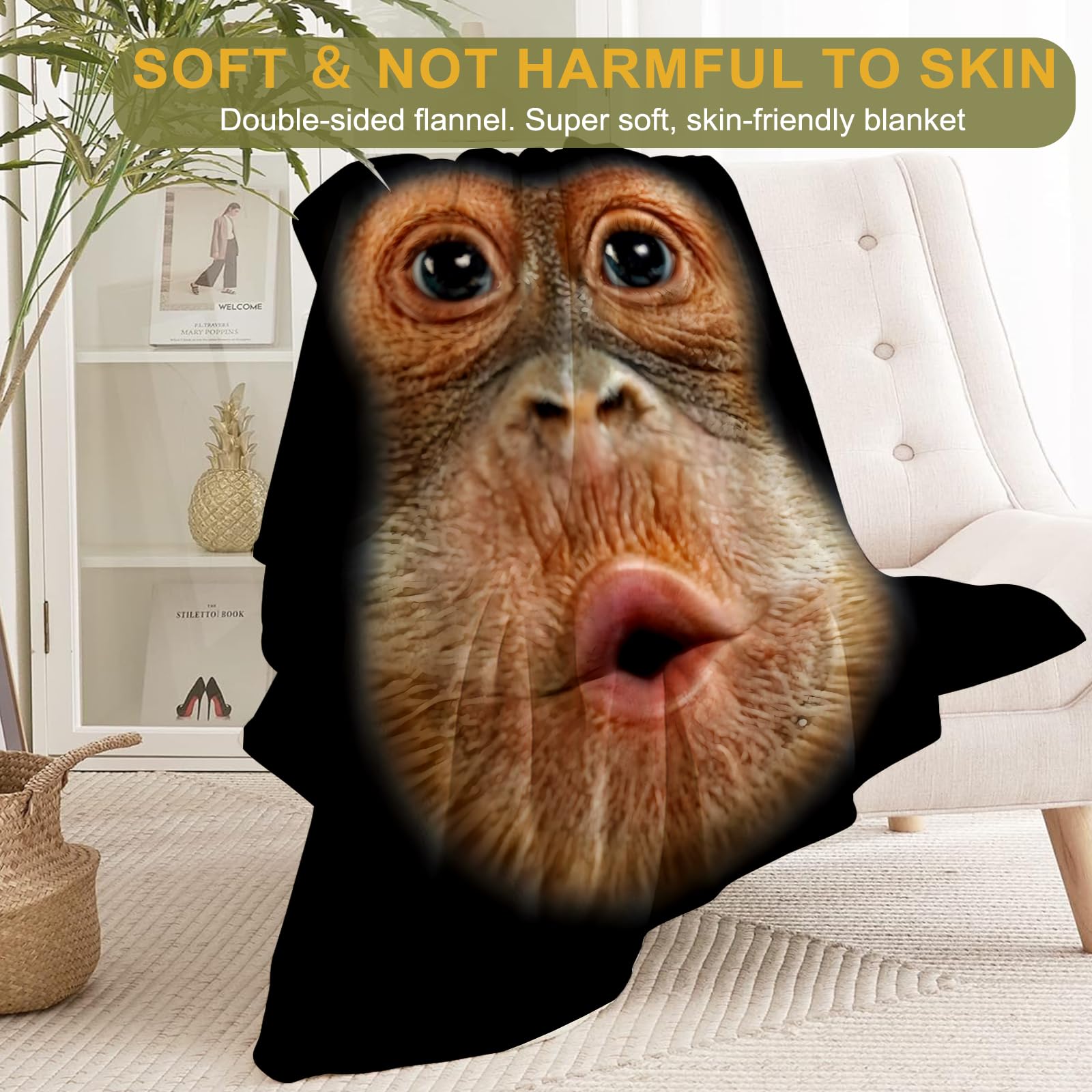 ainori Monkey Face Flannel Blanket - Cute Fun Animal with Surprised Expression Throw - Lightweight Soft Cozy Gifts Blankets for Kids Adult,Modern Rustic Decor,Home Room Accent 50x60in