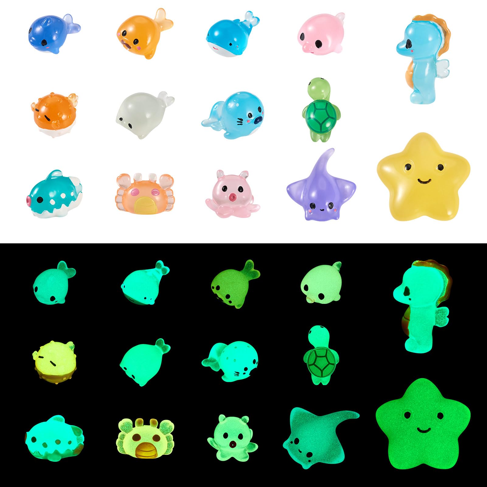 Boutigem 28Pcs Luminous Resin Ocean Animal Figurines Glow in the Dark Whale Starfish Octopus Tortoise Dolphin Miniature Figures Tiny Resin Animal Display Ornaments for Landscape Aquarium Dcor