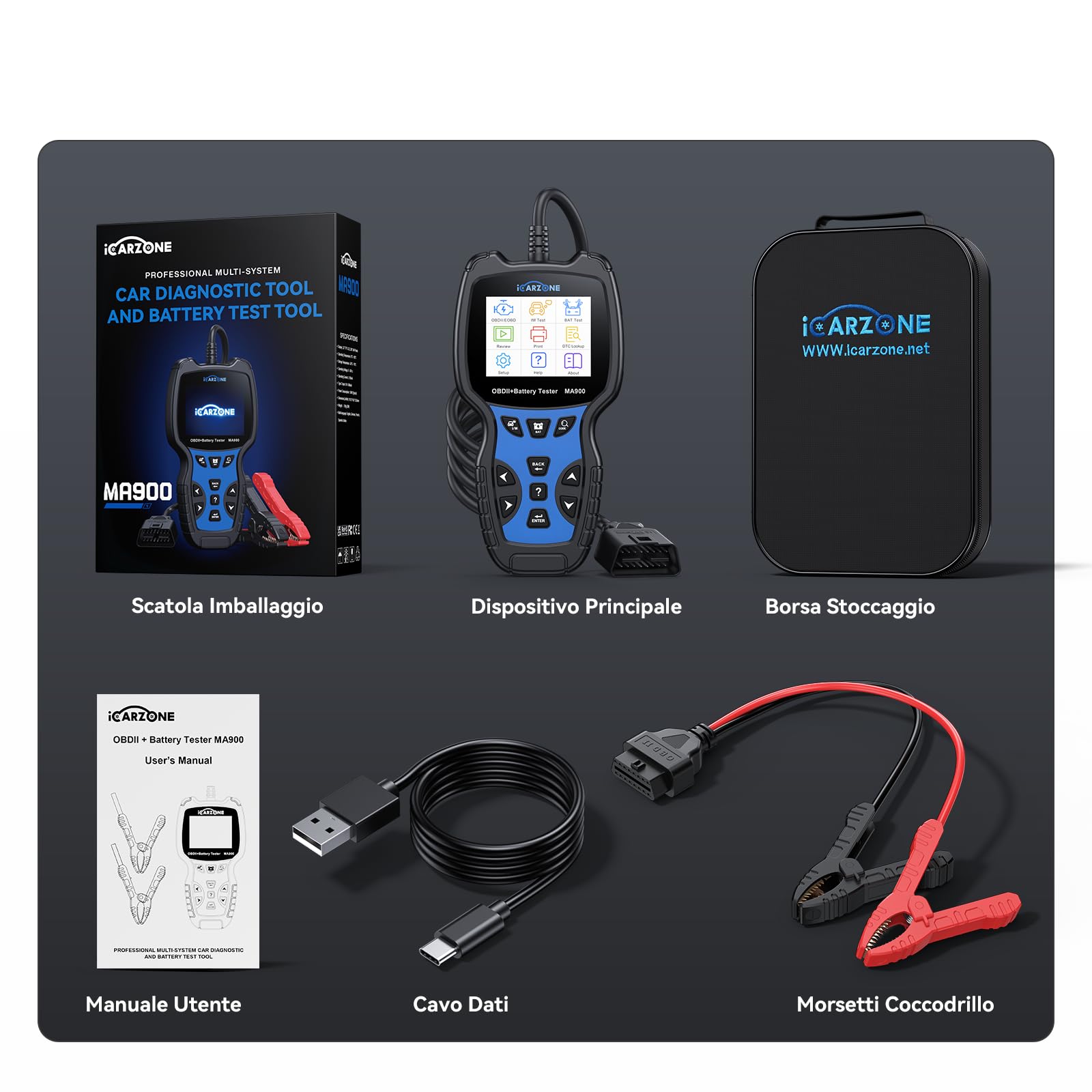 MA900 Tester Batteria Auto + Scanner OBD2 -Test di Scarica, Test di Avviamento, Test di Carica, Lettura OBFCM, Leggere/Cancellare Codici, Dati in Tempo Reale, per Auto/Motocicletta-12V/24V
