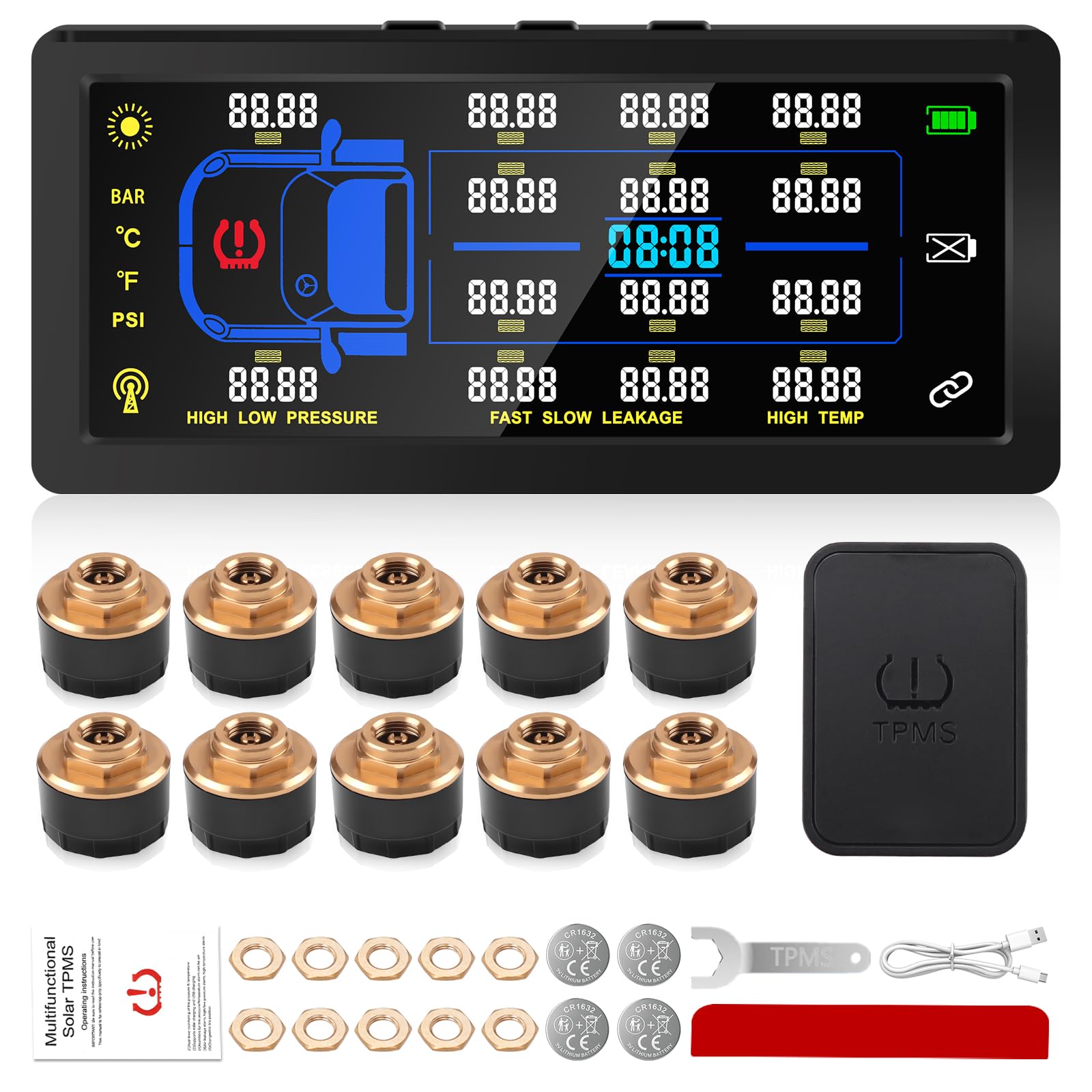Sistema de Monitoreo de Presión de Neumáticos con 10 Sensores | 0-188PSI,Gran Pantalla LCD en Color de 7",Amplificador de Señal, 6 Modos de Alarma,4-6-8-10 Rueda Modos,carga solar y USB