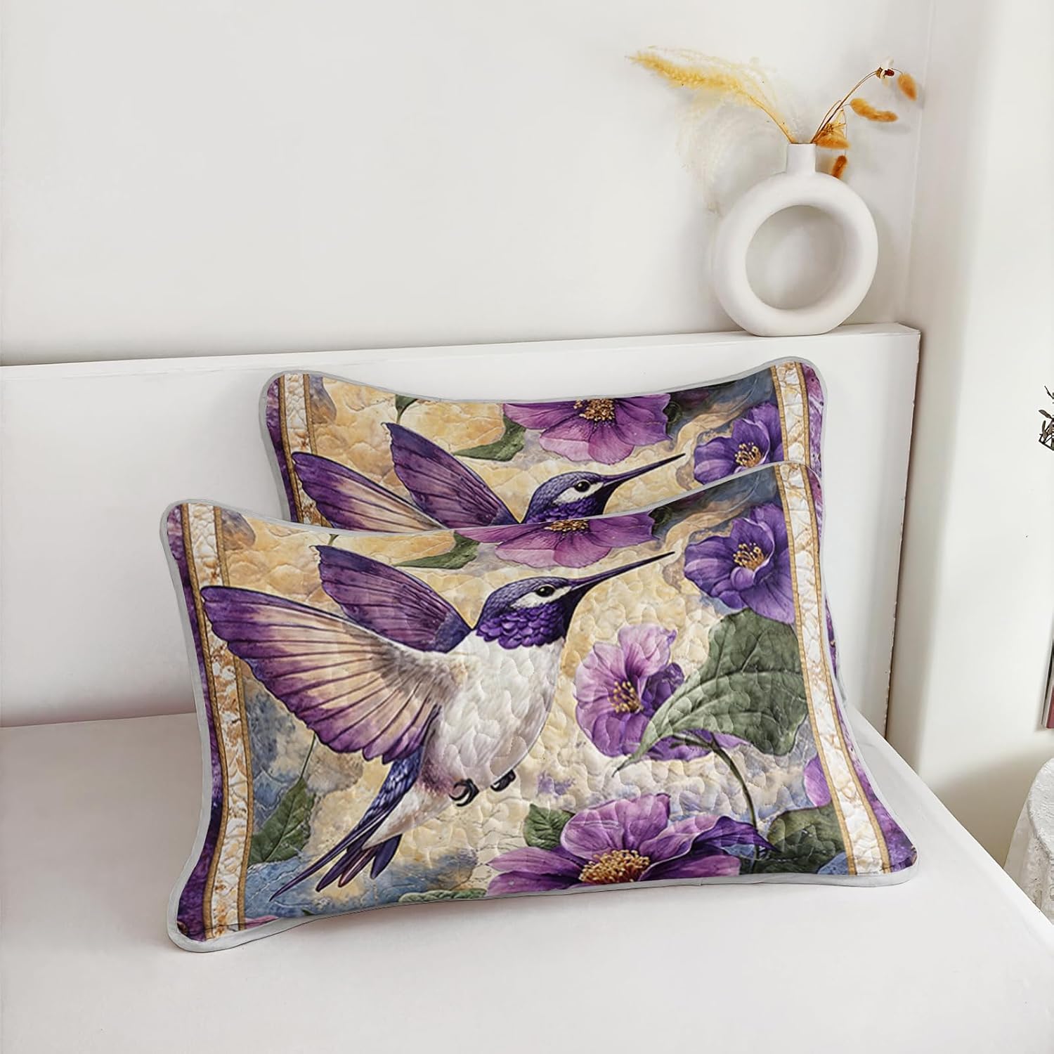 AILONEN Beautiful Hummingbird Bedding Quilt Set Queen Size - Purple Flower Bird Theme - 3Pcs Soft Lightweight Boho Bedspread Coverlet for Girls Women - (Quilt,2 Pillowcases)