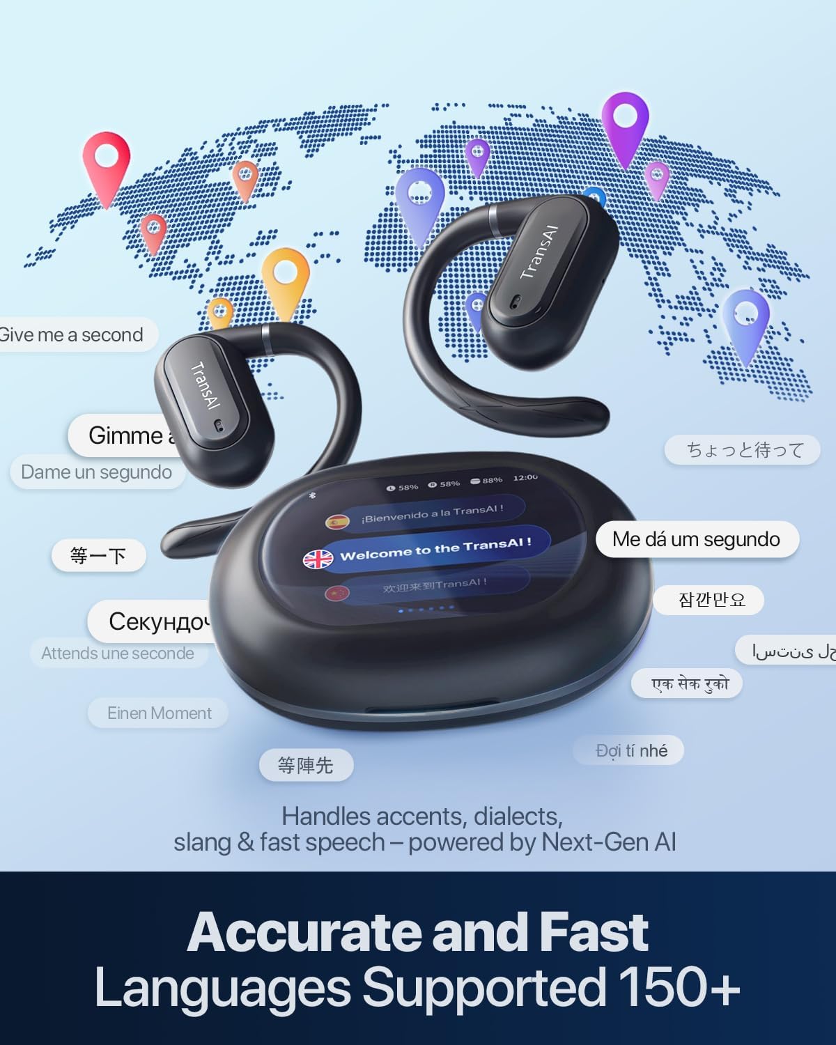 TRANSAI GO1 Earbuds with language bubbles indicating 150+ supported languages