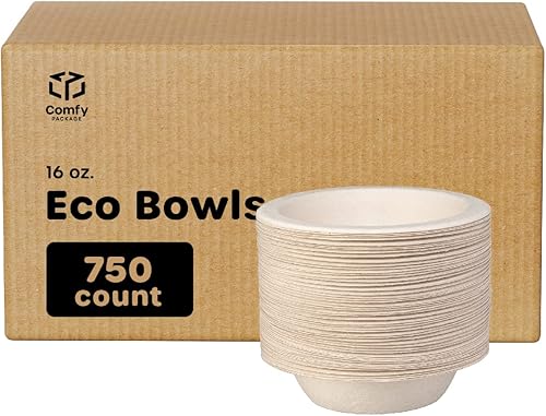 Miniatura 9 de Comfy Package Caja de 750 cuencos de papel 100% compostables, 16 onzas, cuencos de sopa de papel kraft resistentes  Cuencos de caña de azúcar