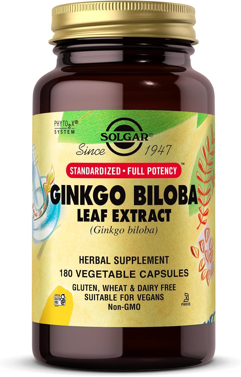 Solgar Ginkgo Biloba Leaf Extract - 180 Vegetable Capsules - Standardized Full Potency (SFP) - Non-GMO, Vegan, Gluten Free, Dairy Free, Kosher - 180 Servings