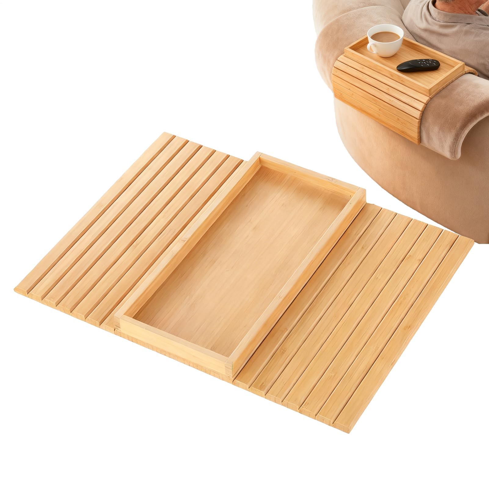 Bandeja plegable de madera para reposabrazos de sofá con cojín antideslizante, ideal para sala de estar, dormitorio y dormitorio