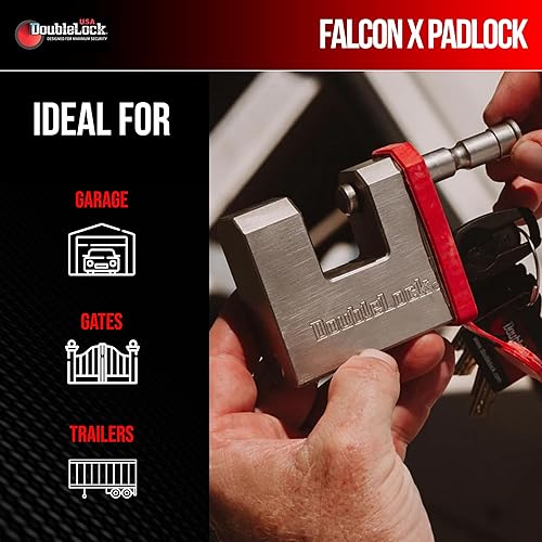 Miniatura 3 de DoubleLock Falcon X Max Duty Candado  Cerradura de clavija resistente con 5 llaves cortadas con láser y tapa disuasoria roja  Seguridad resistente a