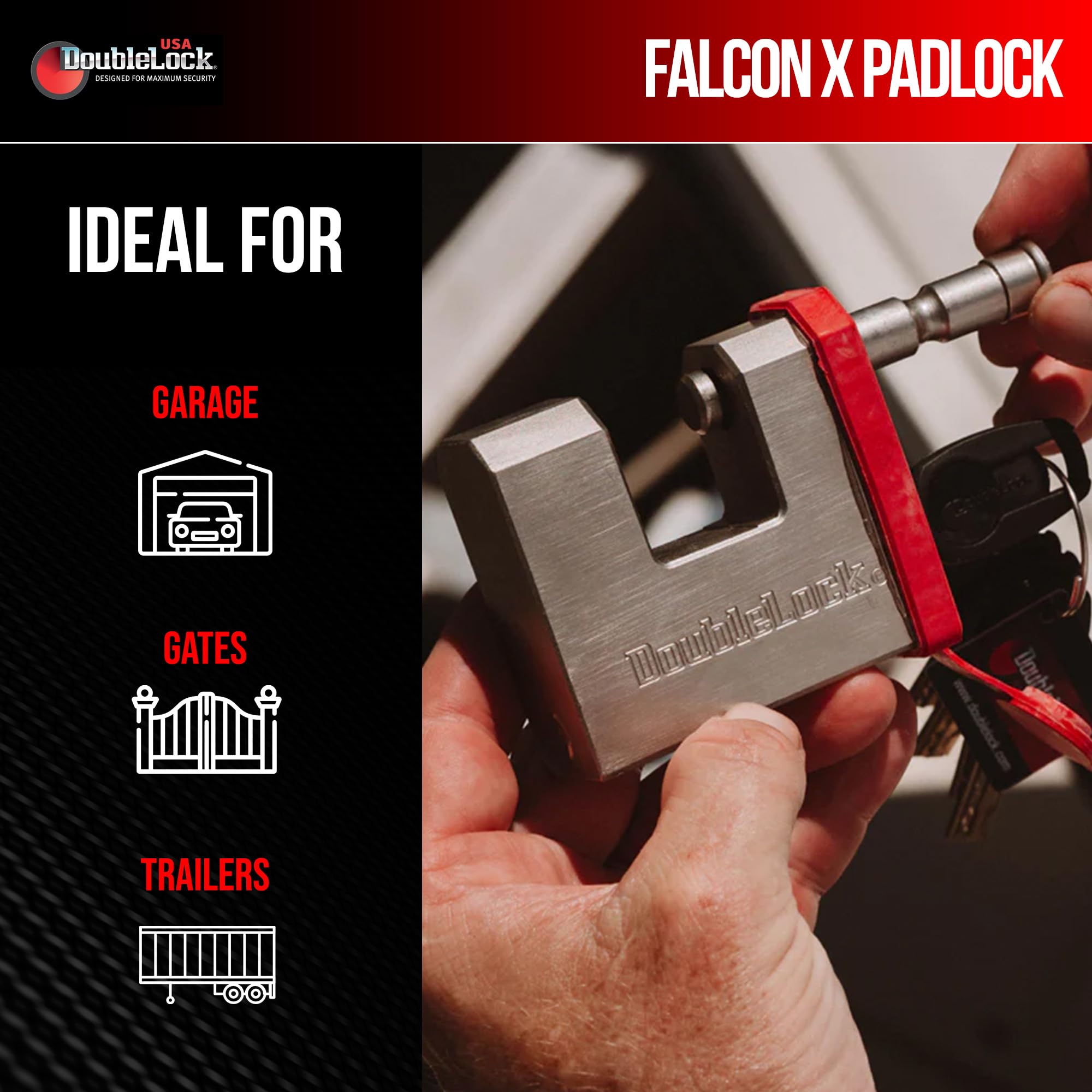 DoubleLock Falcon Brass -X Max Duty - Candado resistente de 1/2 pulgada, cilindro de 6 pines con 5 llaves cortadas con láser y tapa disuasoria roja - Seguridad resistente a la intemperie para