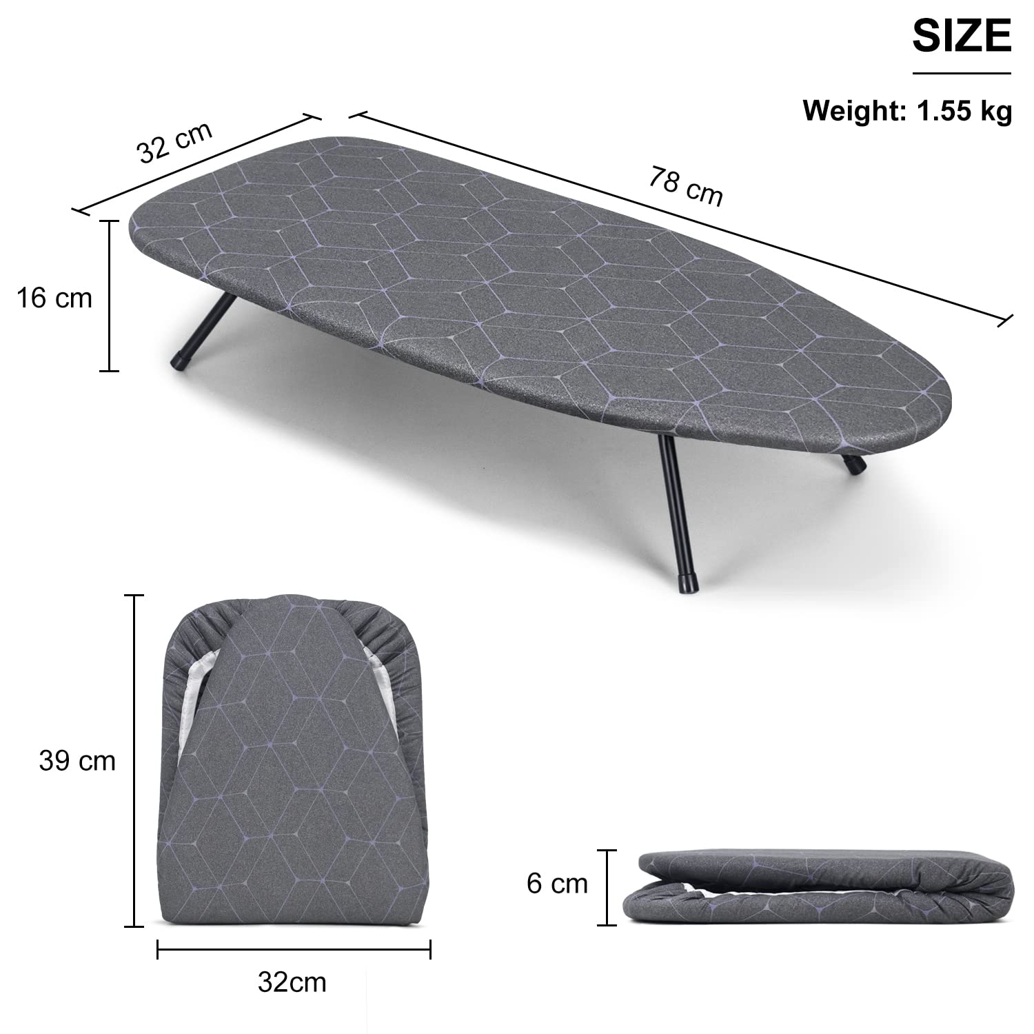 Duwee Bügelbrett Kleines klappbar, Tisch-Bügelbrett mit hitzebeständigem Bezug, kompakt und platzsparend, 31 x 76 cm