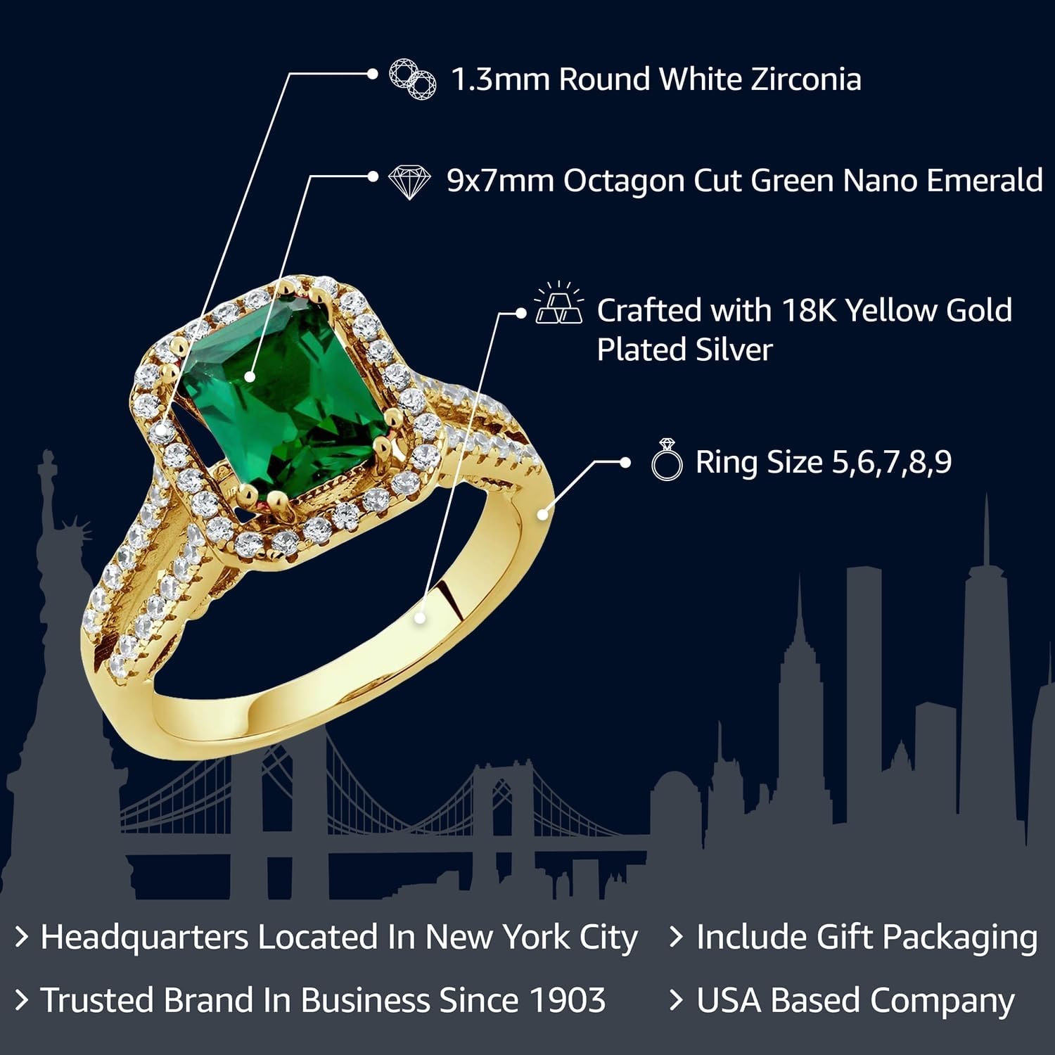 Gem Stone King 18K Yellow Gold Plated Silver Emerald Cut 9X7MM Gemstone Birthstone Wedding Anniversary Promise Engagement Ring For Women | Available In Size 5, 6, 7, 8, 9 - Image 2