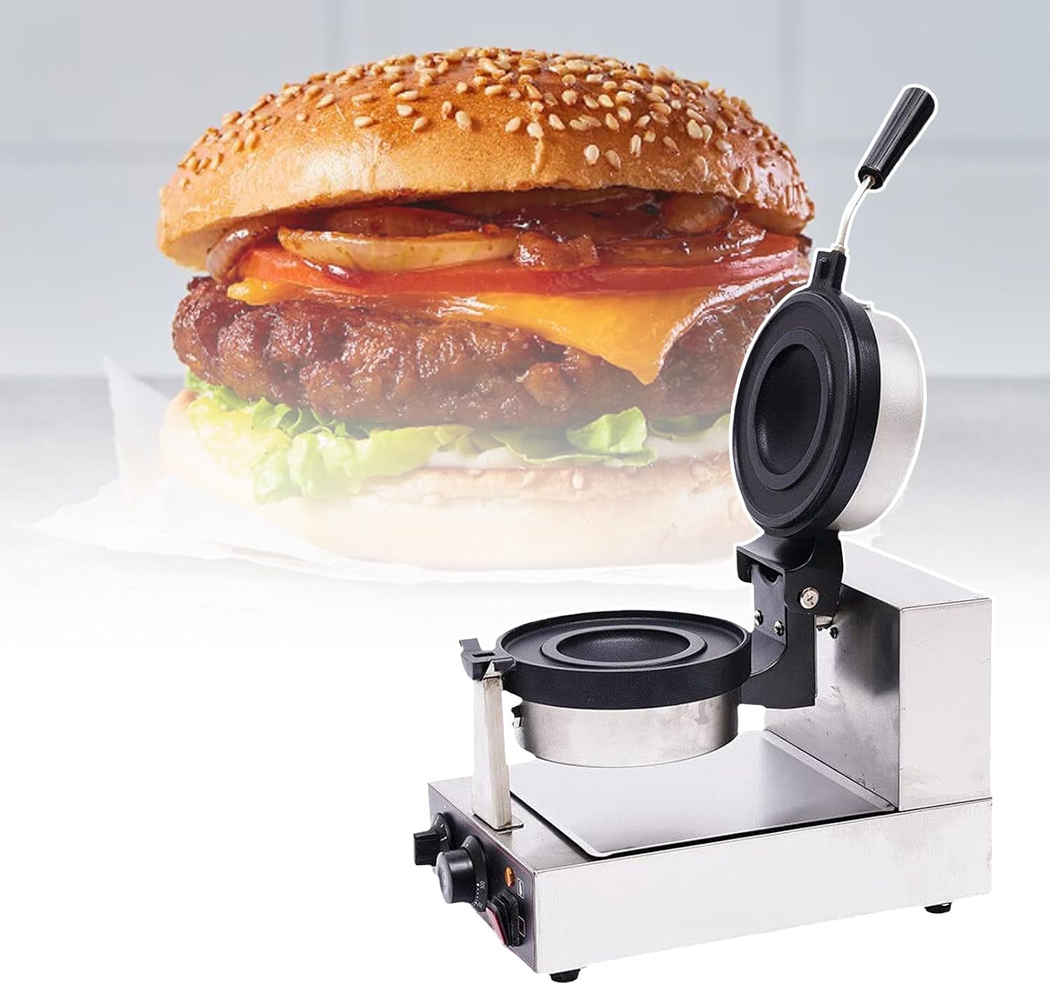 Commercial Electric Burger Waffle Maker Machine, Non Stick Panini Hamburger Press Machine, Stainless Steel Ice Cream Burger Baker, for Waffles, Paninis (A)