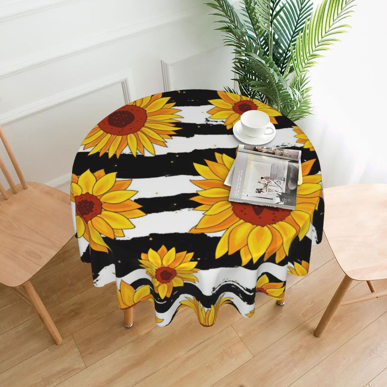 SDEGTHO Sunflowers Print Modern Retro Round Tablecloth 60in Polyester Fabric Cover for Party Dining Table Washable