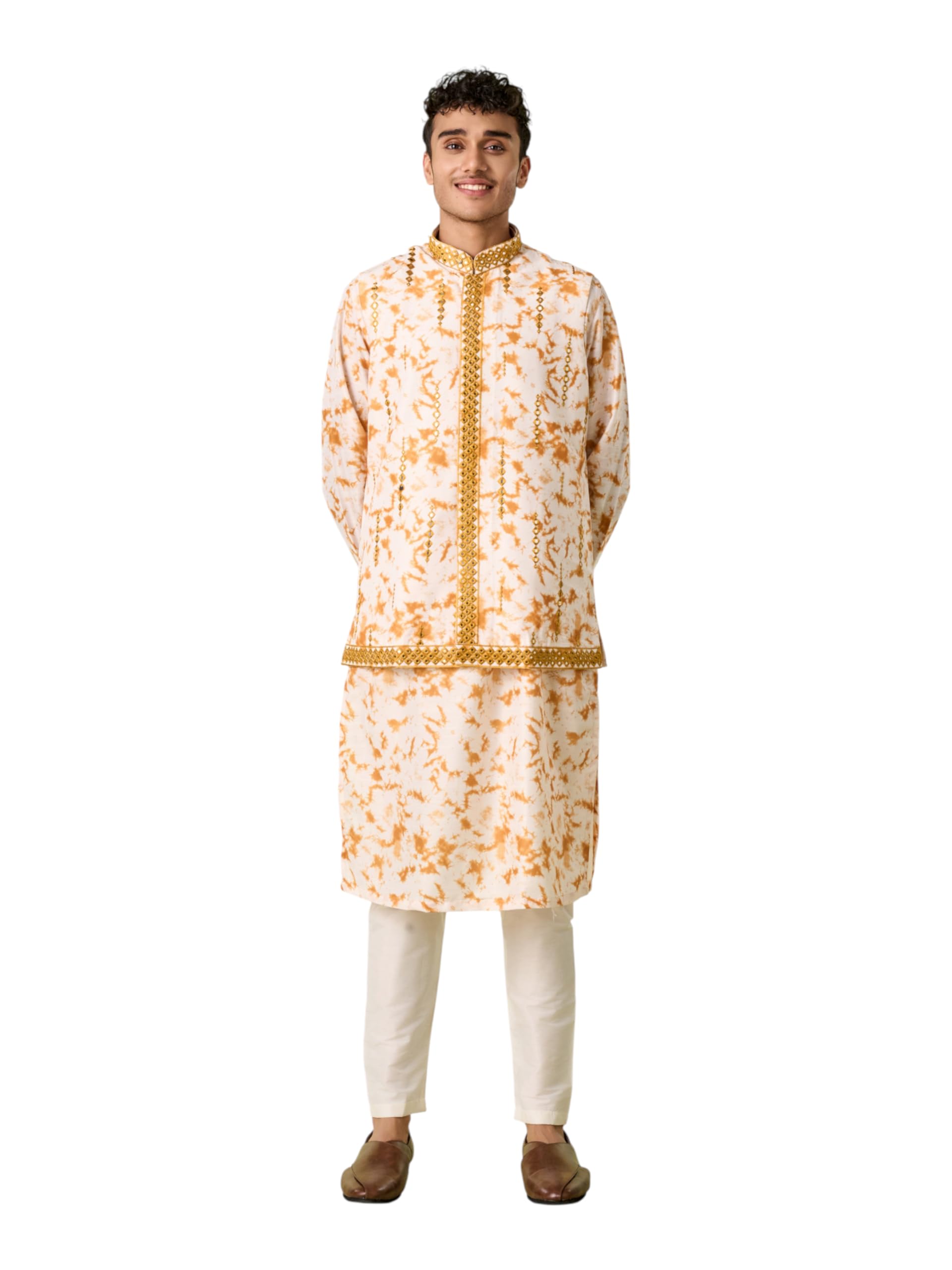 diwas by manyavar Men's Art Silk Printed Kurta with Mirror Work Jacket Set (3pcs)-picture-31