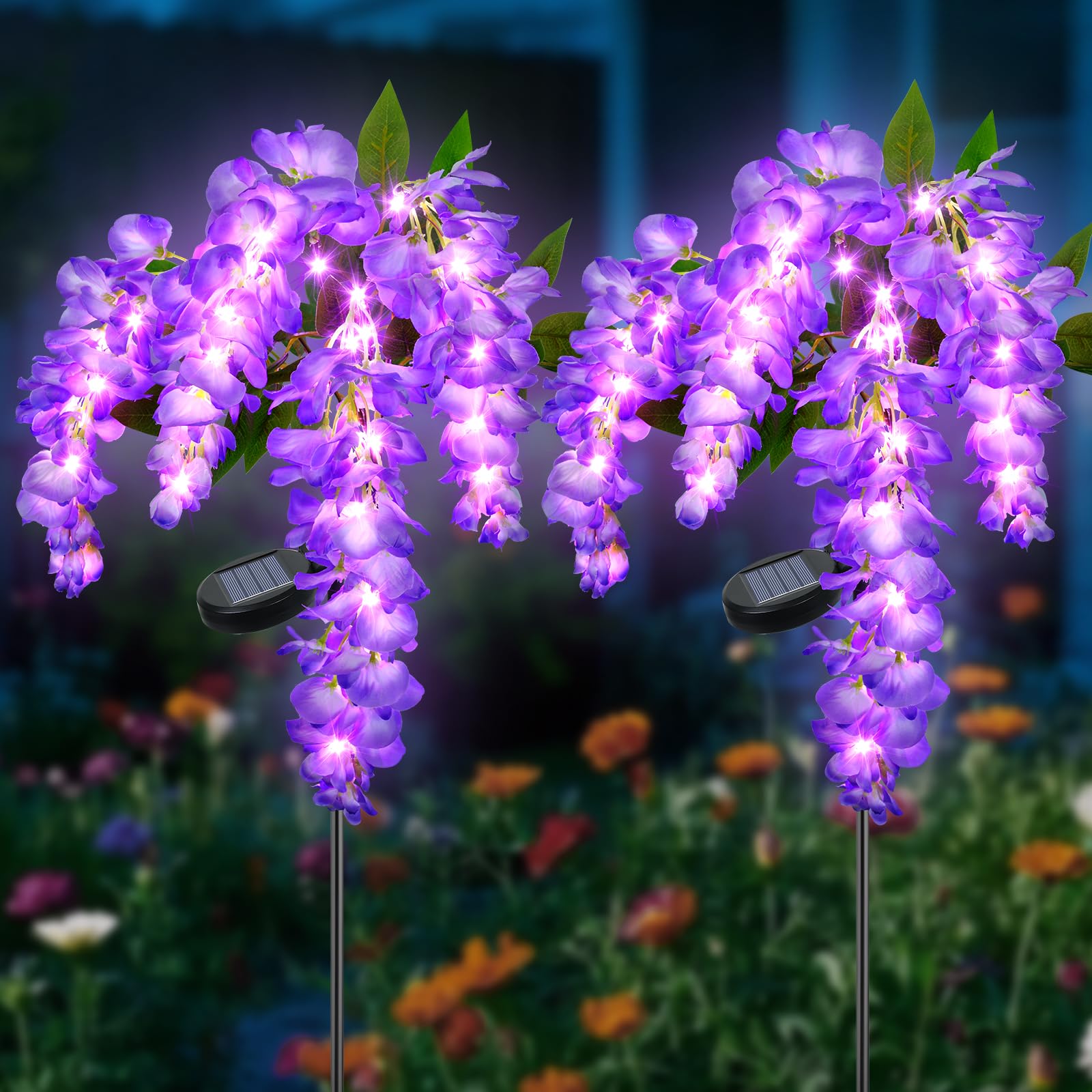 Ninonly Solar Flower Lights Outdoor Garden, 2 Pack Wisteria Flowers Lights with Purple LED, 2 Modes Solar Powered Pathway Light, Waterproof Garden Ornaments for Patio Lawn Decor