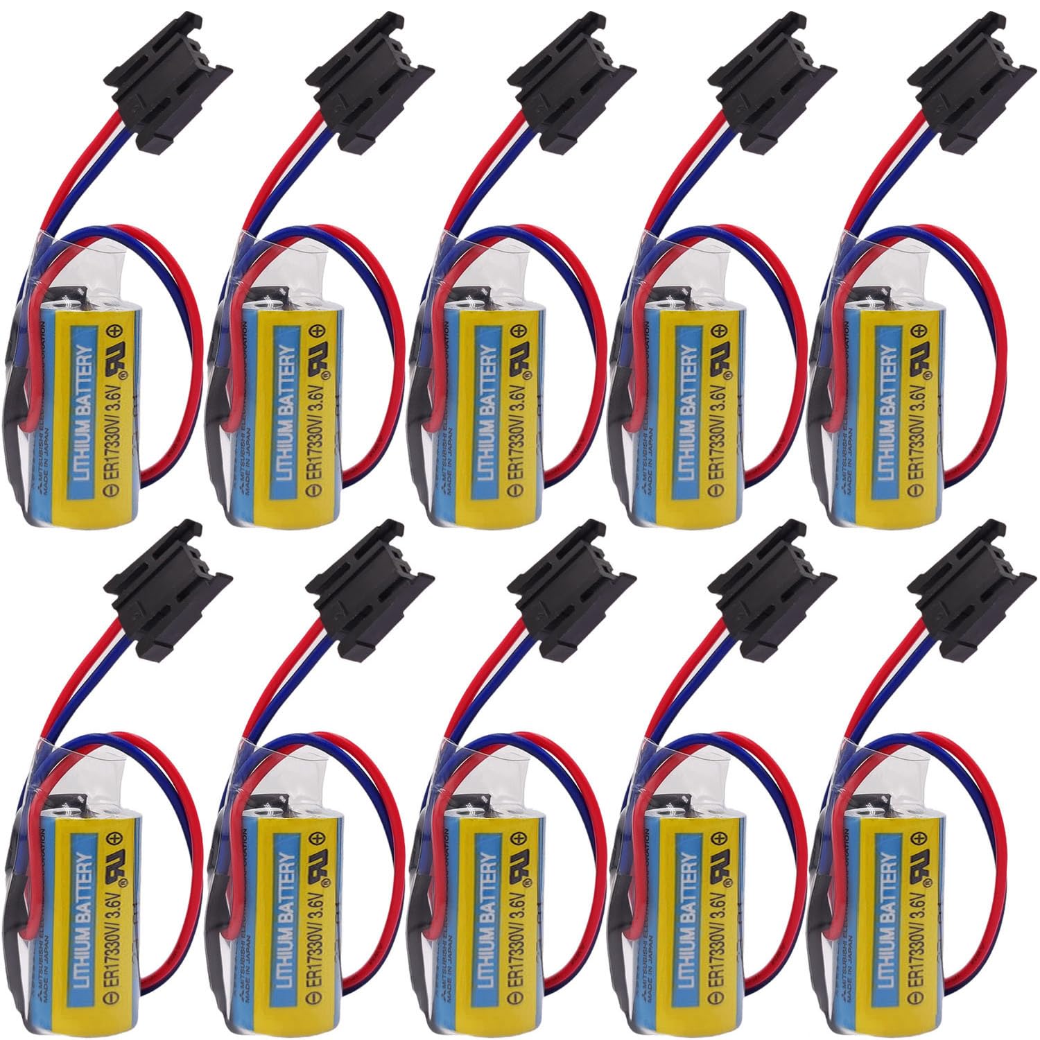 (10-Pack) ER17330V/3.6V Battery A6BAT MR-BAT ER17330 Size 2/3A PLC Lithium Battery with Plug for ANS Series servo Driver