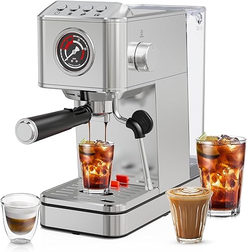 EM623 Máquina de café expreso de 20 barras con espumador de leche de vapor, máquina de café de acero inoxidable con tanque de agua extraíble para