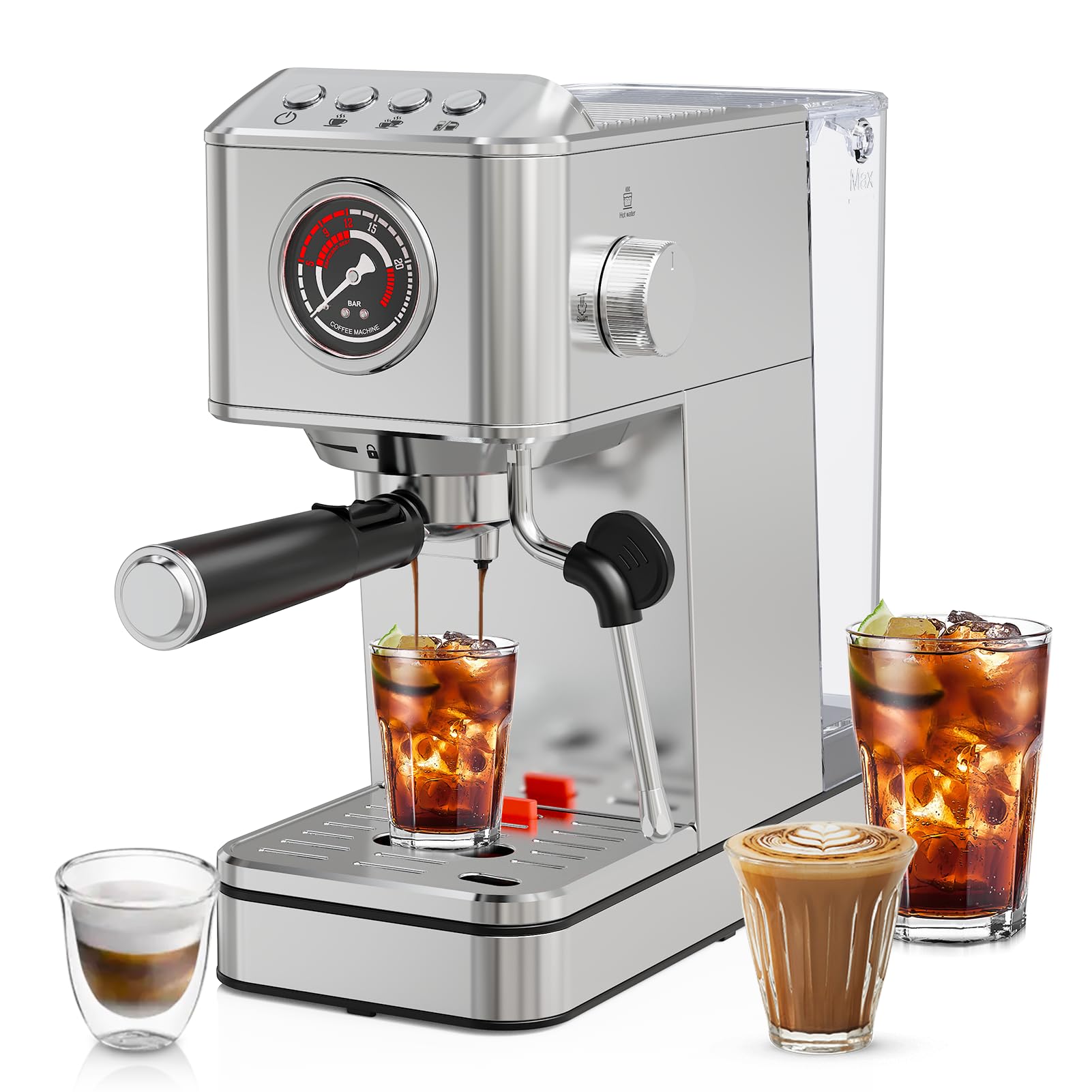 EM623 Espresso Machine 20 Bar with Steam Milk Frother Stainless Steel Coffee Machine with Removable Water Tank for