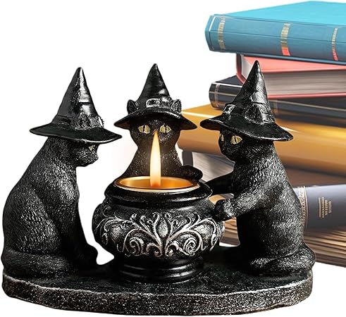 Witch Cat Gothic Candles Holder, 16.5x12x10cm Resin Halloween Cat