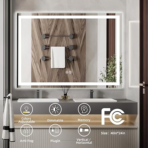Miniatura 6 de 40x24 LED Bathroom Mirror with Lights, Anti-Fog, Dimmable, Backlit + Front Lit, Lighted Bathroom Vanity Mirror for Wall, Memory Function,