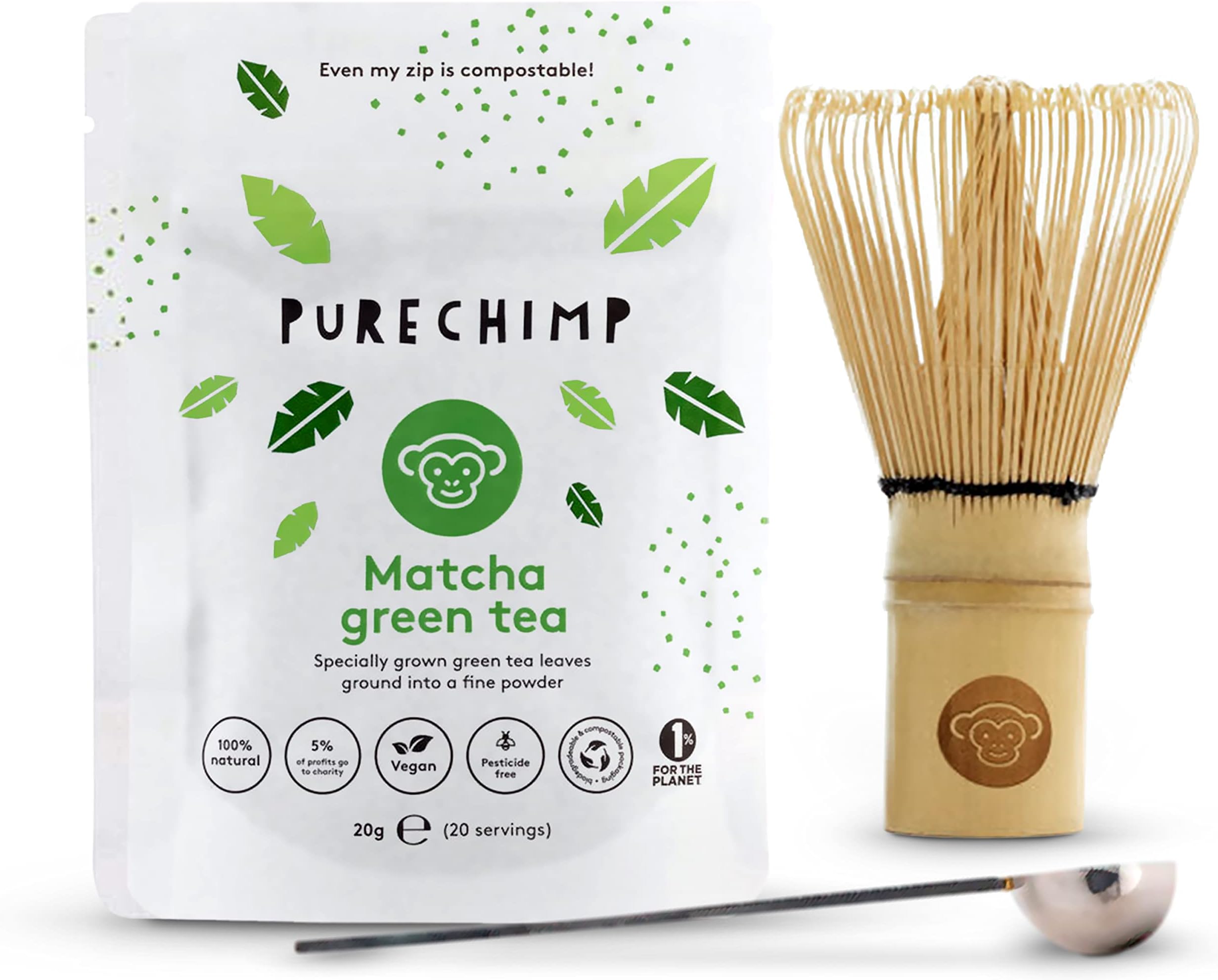 Matcha Tea Set/Starter Kit by PureChimp - Traditional Japanese Bamboo Whisk + Spoon + 20g Premium Matcha Green Tea