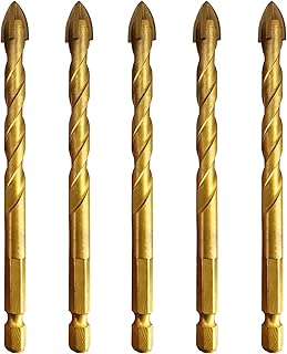 Hymnorq 3/8 Inch Masonry Drill Bits 5pc Pack, 4 Edges YG6X Carbide Tipped Cross Spear Head, 1/4 Hex Shank, Titanium Coated Surface, Multi-Purpose for Glass Tile Concrete Wood Ceramic Brick Marble