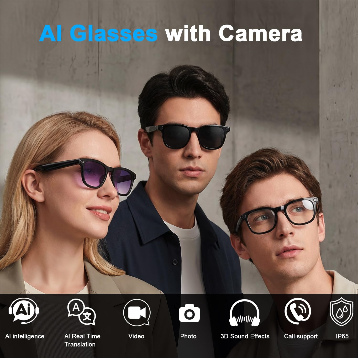 AI Smart Brille mit Kamera, 8MP HD Bluetooth Kamera Brille, 1080P Videoaufnahme Sonnenbrille für Damen Herren, Echtzeitübersetzung, Sprachassistent, Open-Ear Audio für Reisen, Meetings & Vlogging