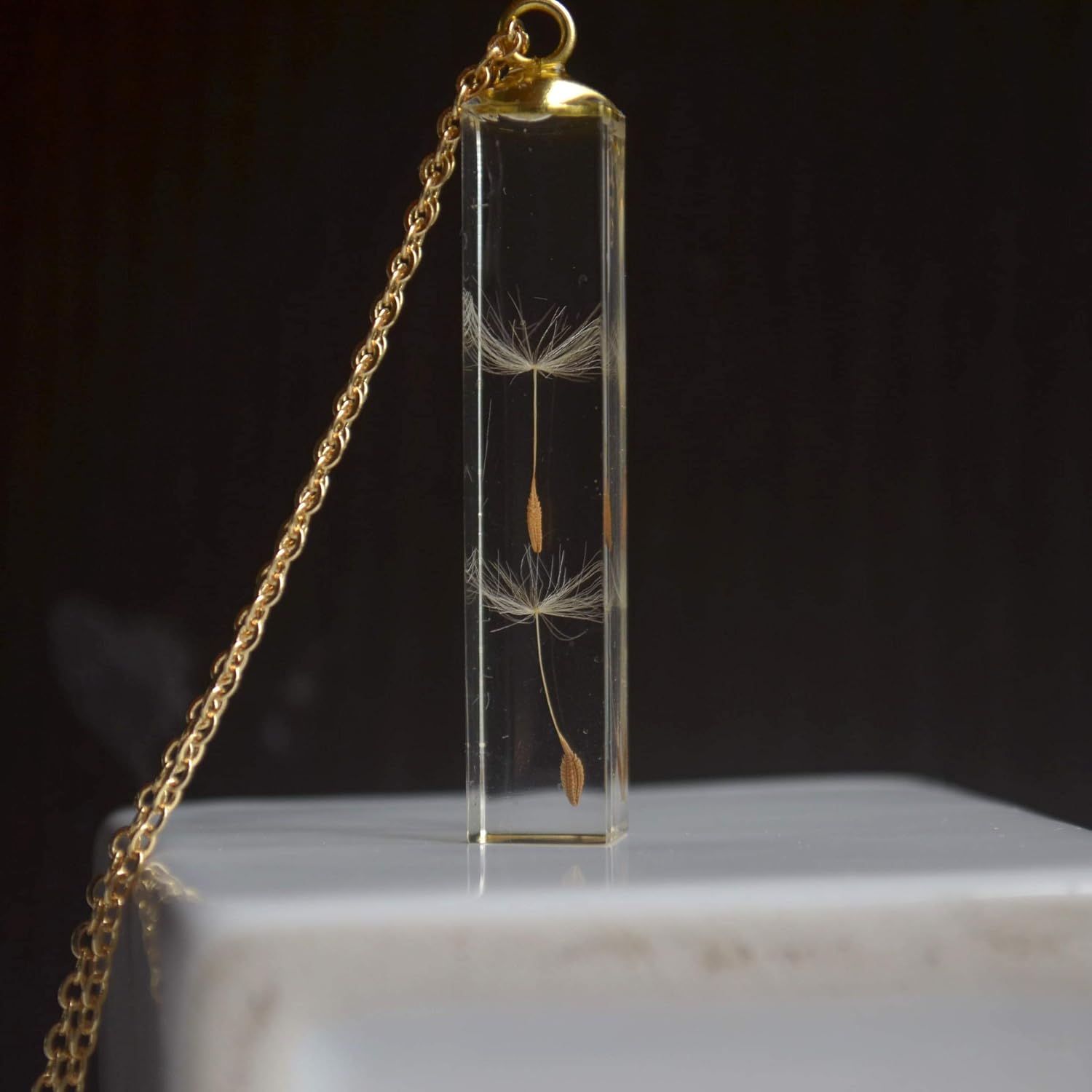 2 Dandelion Make a Wish Real Flowers Transparent Cube Resin Pendant 18k Gold Plated Necklace