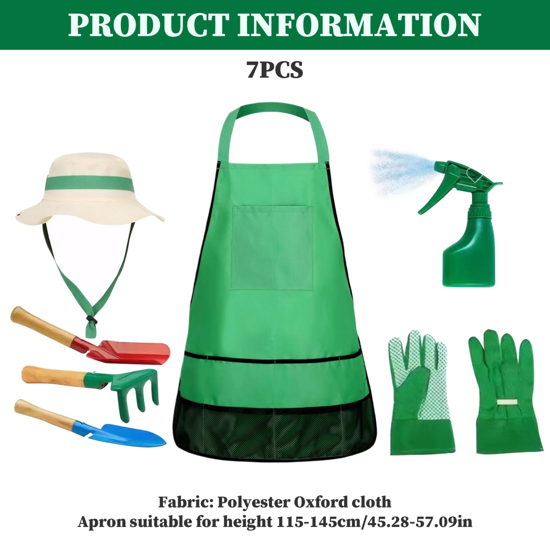 Juego de jardinería para niños pequeños, Juego de jardinería para niños 7pcs con Sombrero de Sol, Delantal, Guantes y Herramientas de jardín, Kit para para para