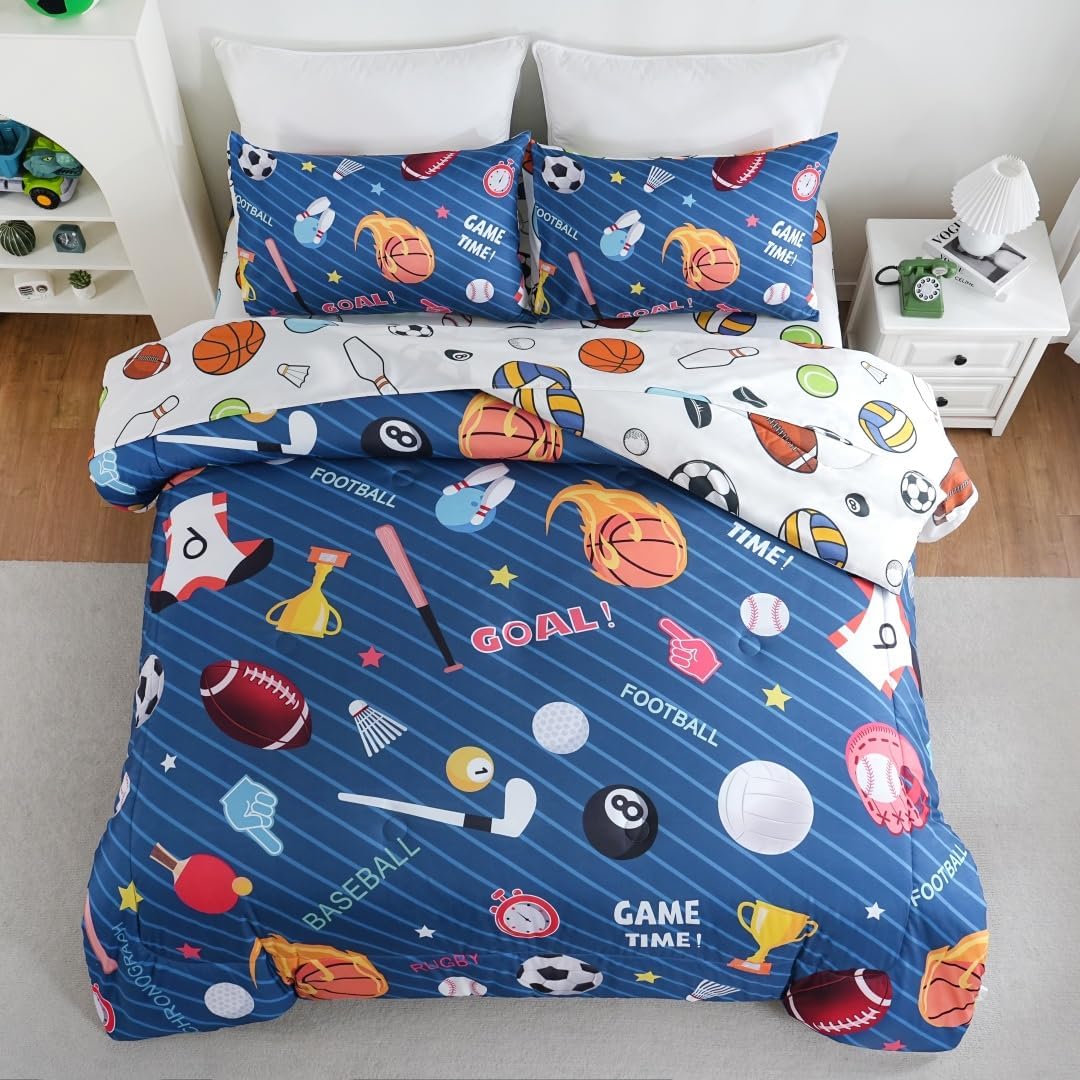 5 Piece Boys Bedding Set Full Size Blue Stripe Comforter Set Reversible Bed in a Bag with Sheet Set Soccer Basketball Baseball Football Sports Themed Bet Set - Image 5