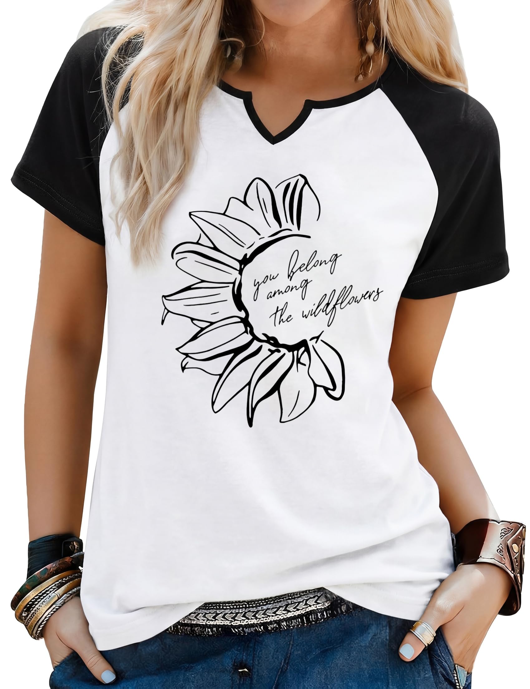 Terecey Sommer T-Shirt Damen mit Smile Blüten Druck Raglan Ärmel Rundhals Kurzarm Passform Pullover Shirt Lässige Bedrucken T Shirt