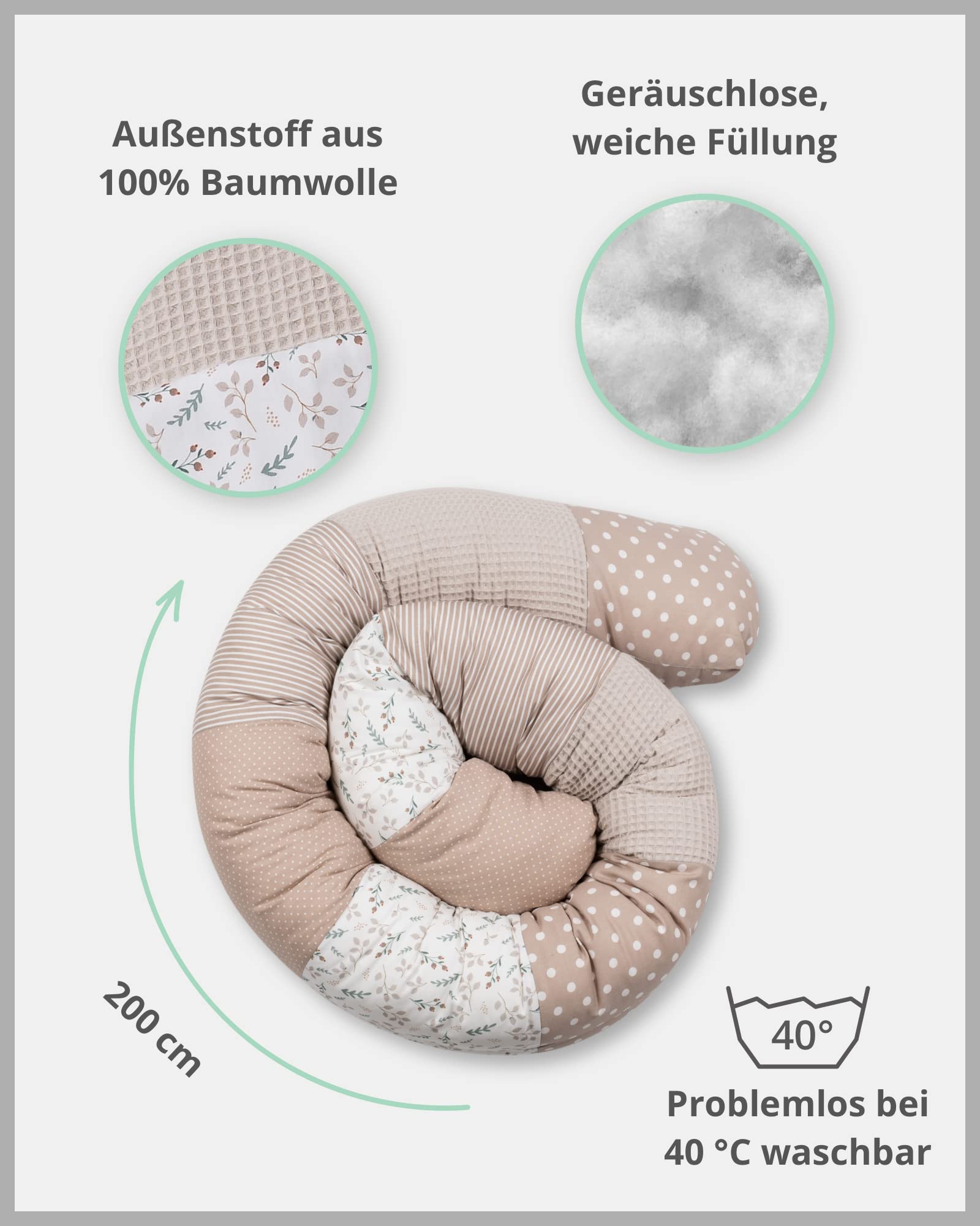 ULLENBOOM ® Baby Kuschelschlange 200x13 cm Sandblume (Made in EU) - Kuschelschnecke in vielen Farben und Größen, Bezug: 100% Oeko TEX Baumwolle, Kopfschutz für Wickeltisch
