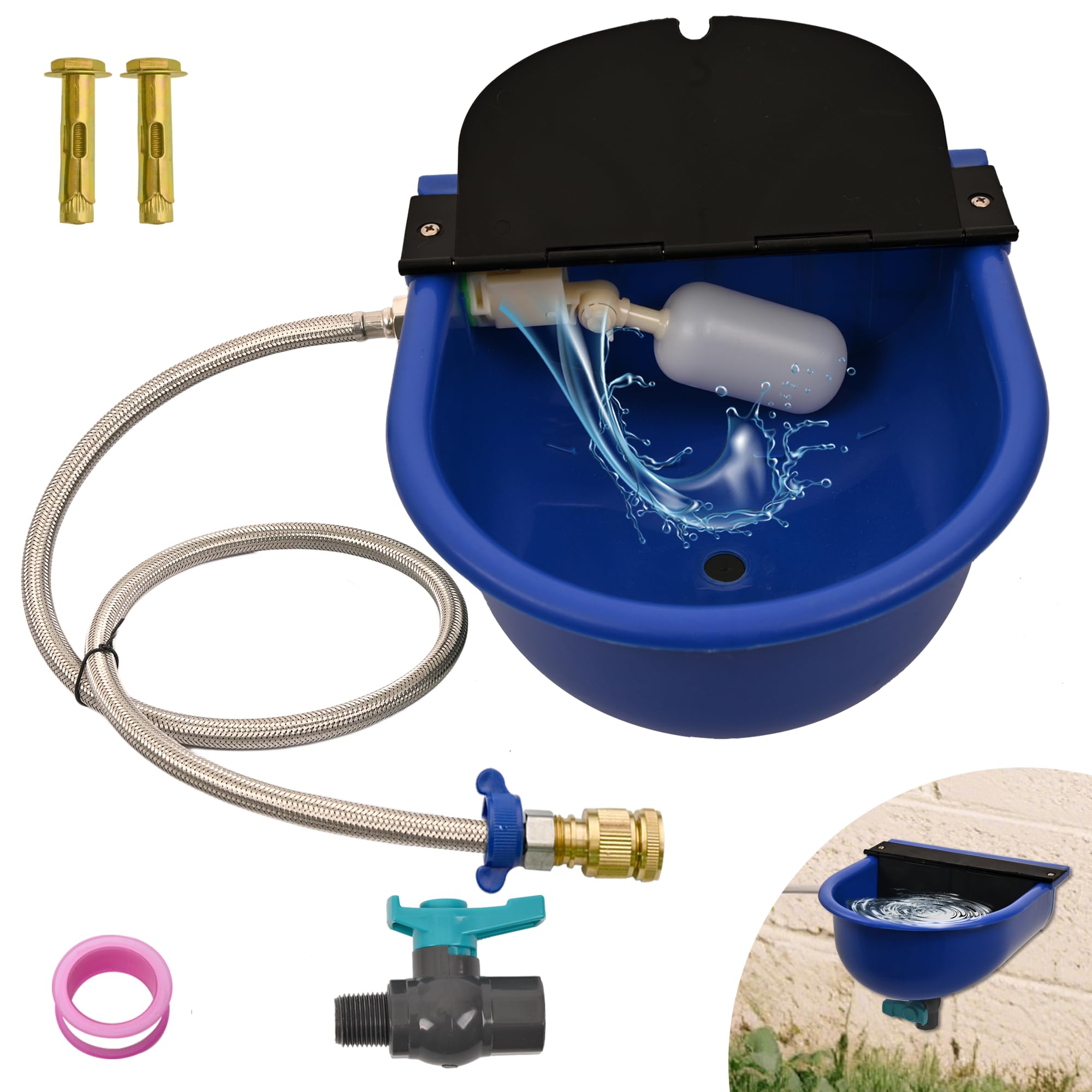 Photo 1 of Boajf Automatic Water Dispenser for Dogs with Drain Hole & Drain Valve, 1 Gallon Auto Dog Water Bowl Outdoor with Float Valve, Hose Quick Connect Fitting, for Livestock, Chicken, Horse (Blue)