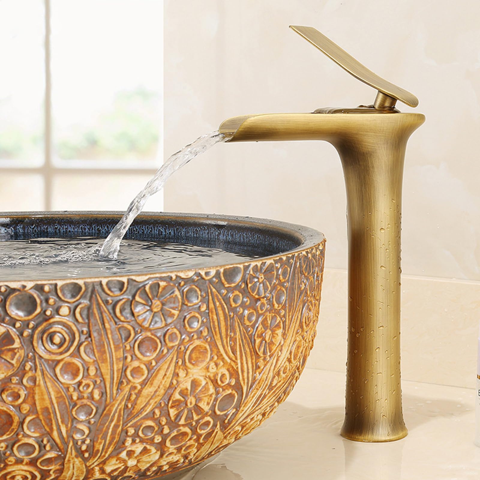 SOHNVWTGD Waterfall Tall Basin Taps Single Hole Waterfall Bathroom Taps Hot and Cold Countertop Washbasin Mixer Tap,Antique