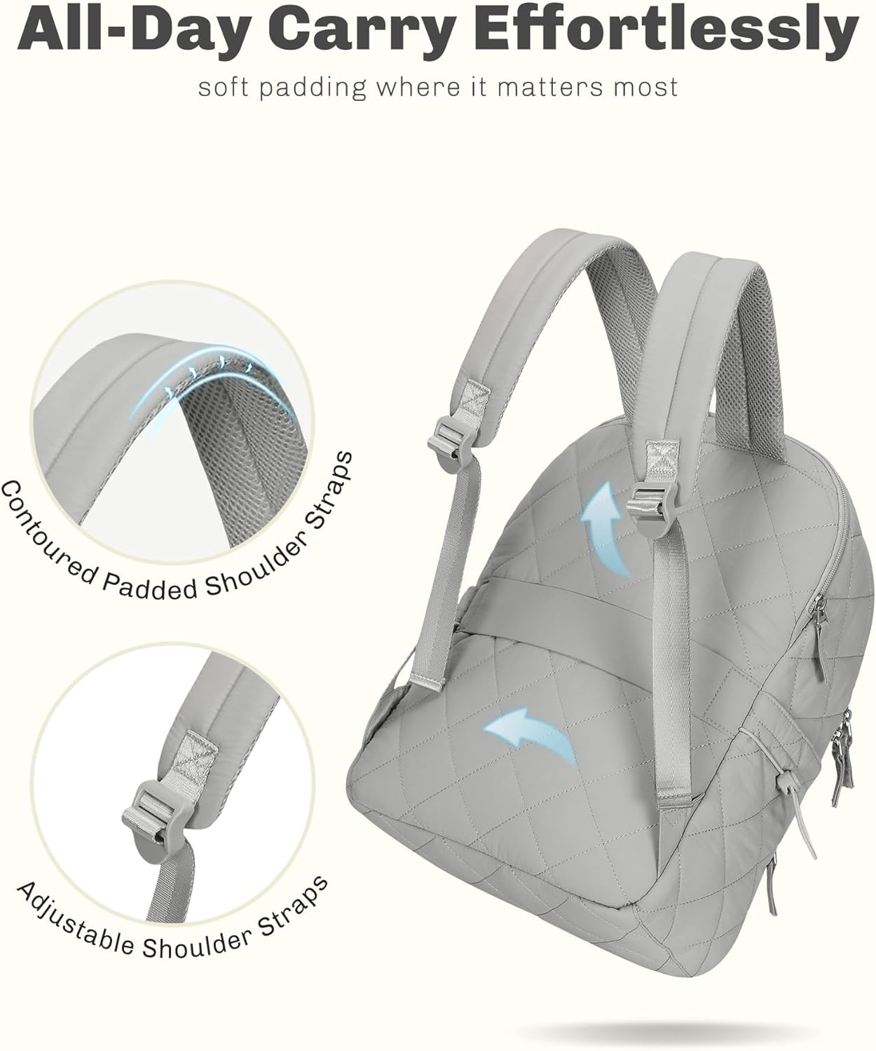 Hynes Eagle Travel Laptop Backpack Quilted College Backpack for Women Puffer Casual Daypack Personal Item Bag for 16 Inch Light Grey - Image 3