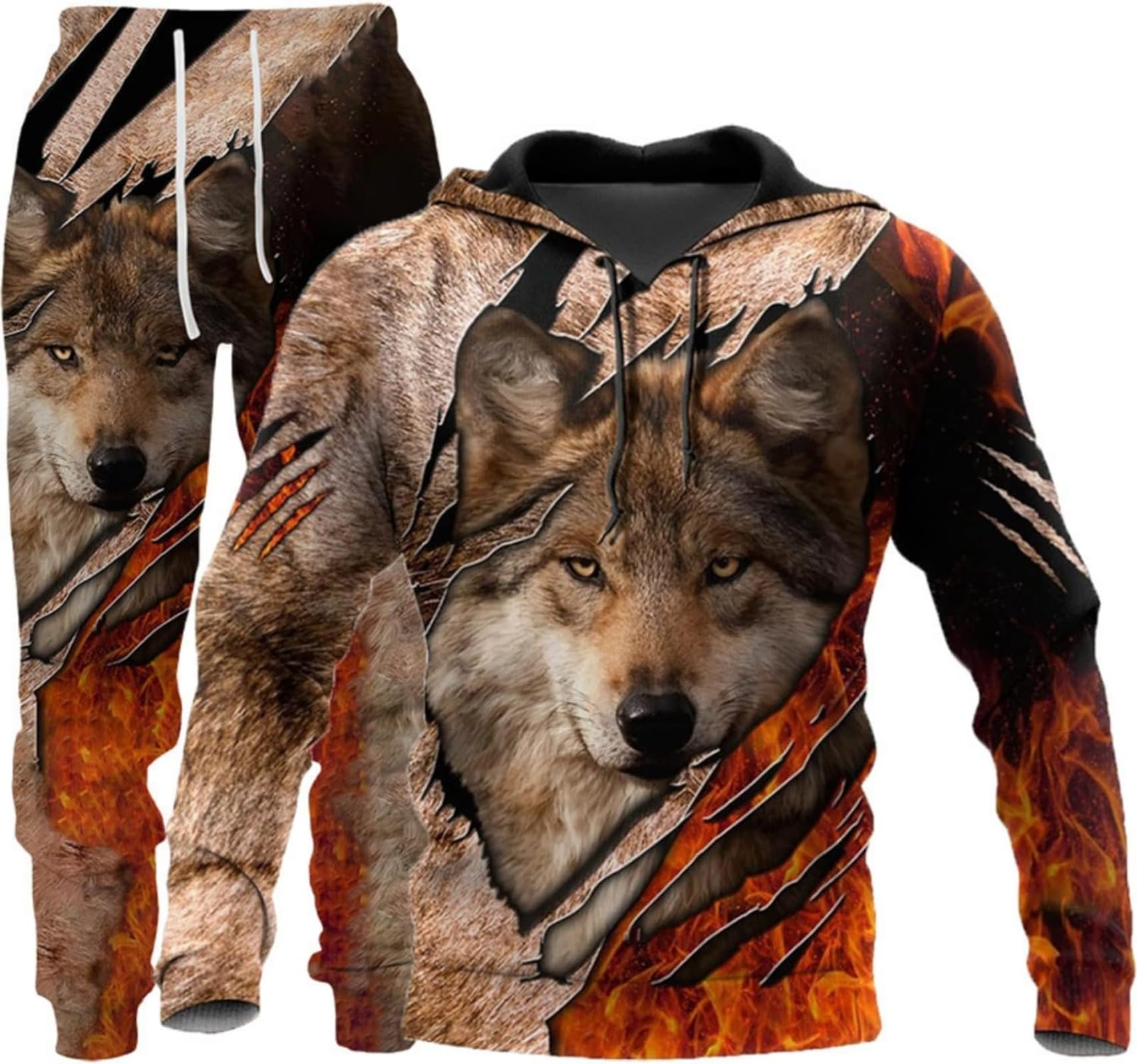 Hiegi 3D Wolf Men's Jogging Suit Tracksuit Sports Suit Fitness Sports Trousers Hoodie Jacket Training Suit with Hood, M