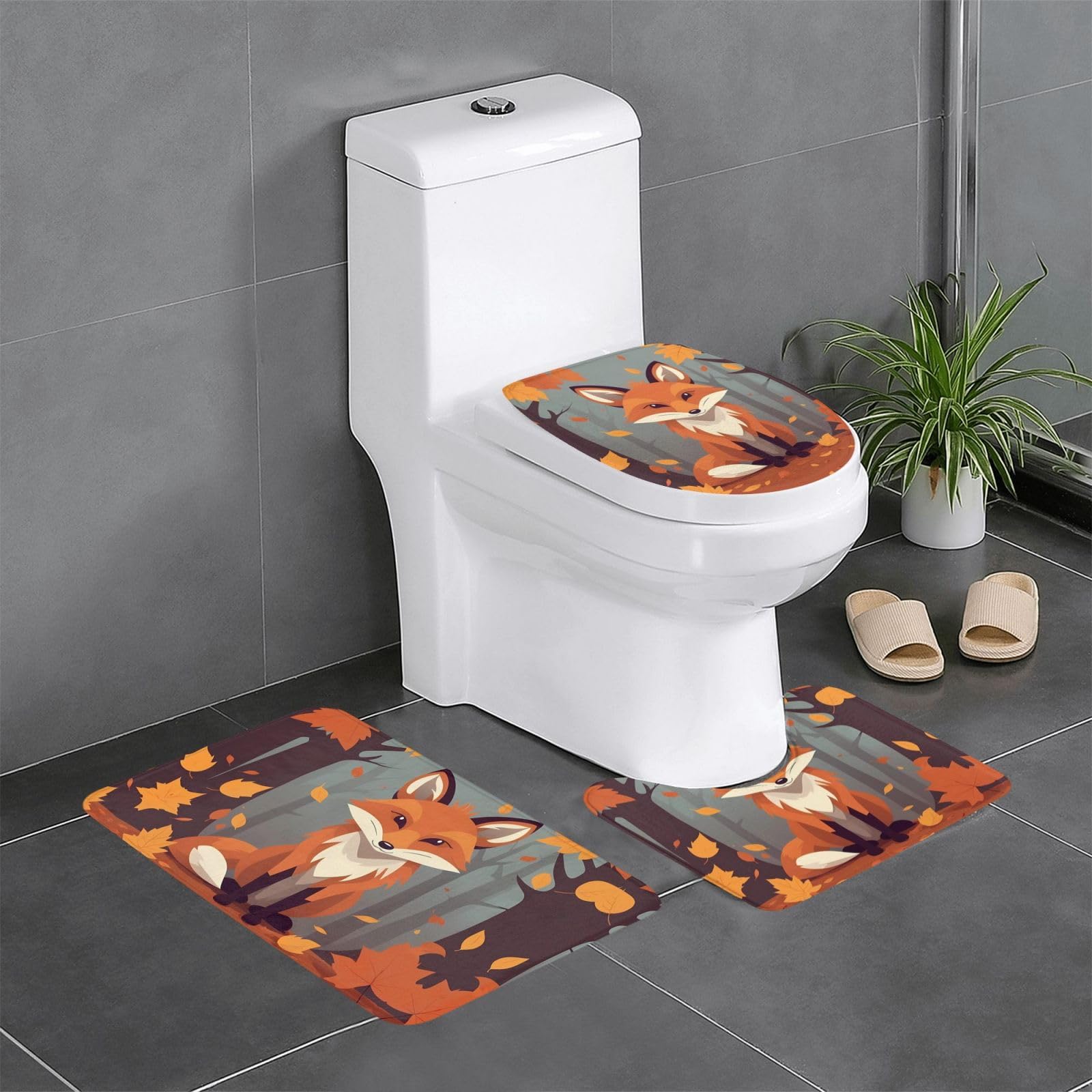 Tapis de bain antidérapant lot de 3 absorbant motif renard d'automne